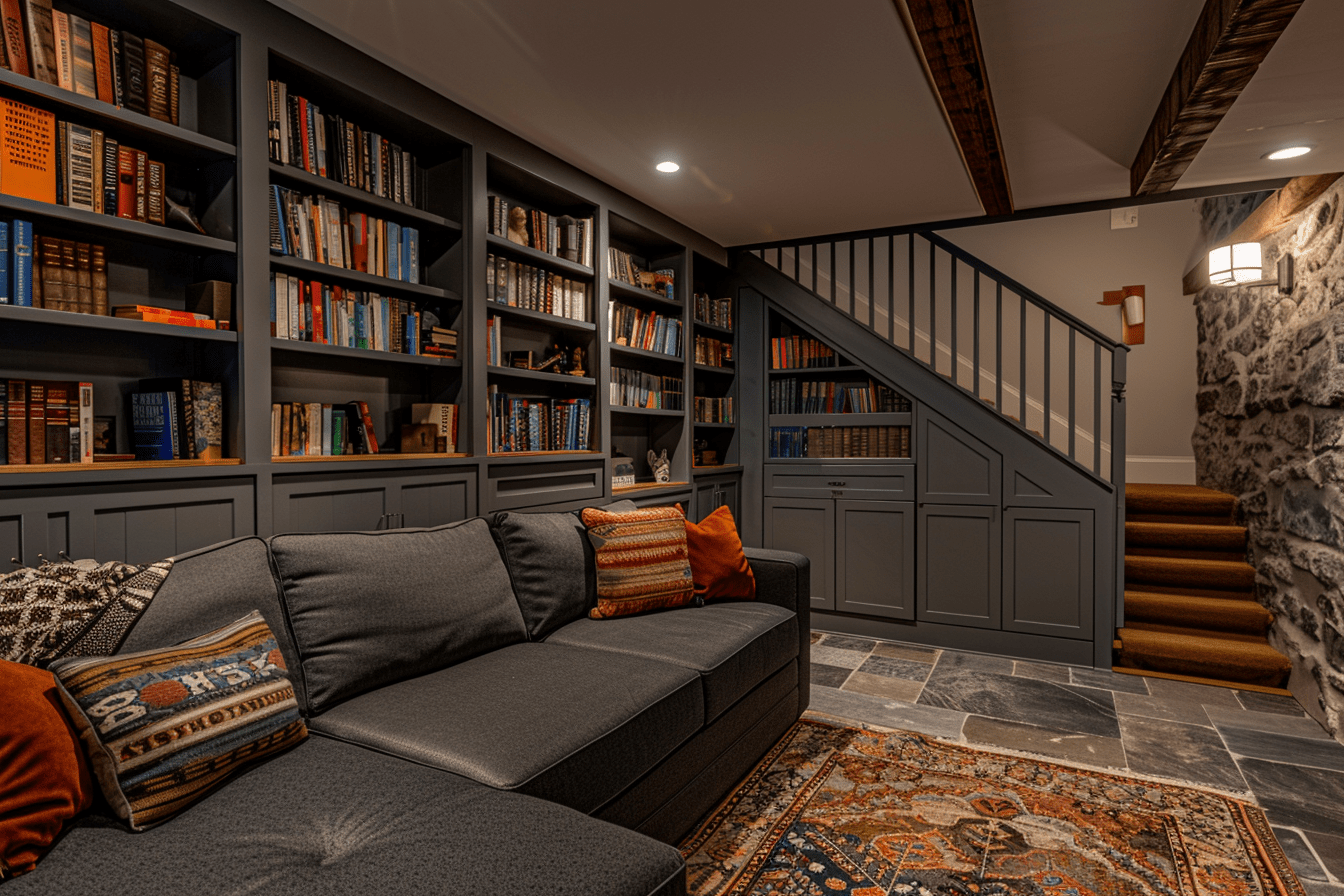 Cozy Basement Home Library with Ottoman and Staircase Background -- Elegant ottoman and reading chair in a warmly-lit basement library