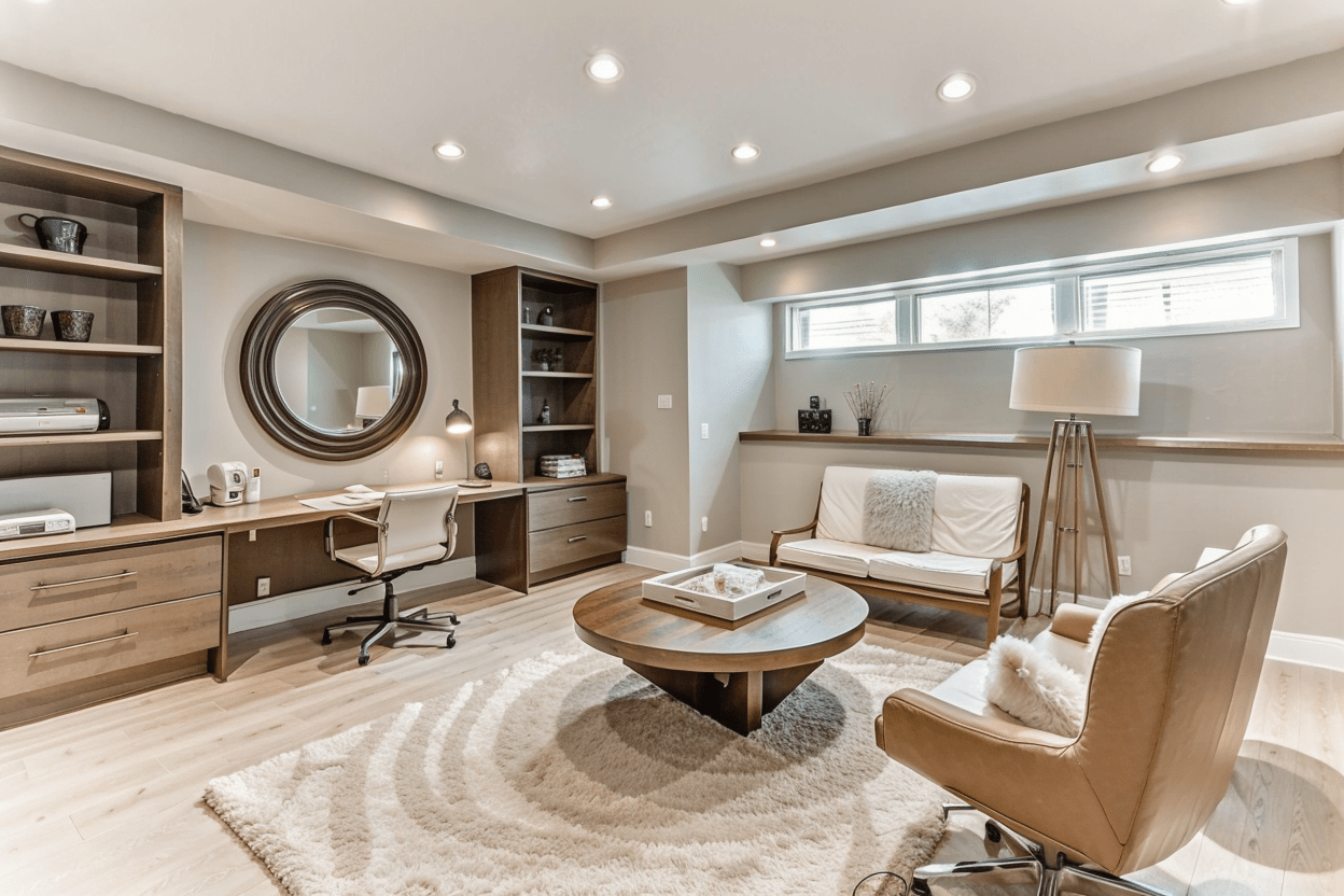 Cozy basement with egress windows, natural light, light-colored walls, reflective surfaces, mirror comfortable furniture