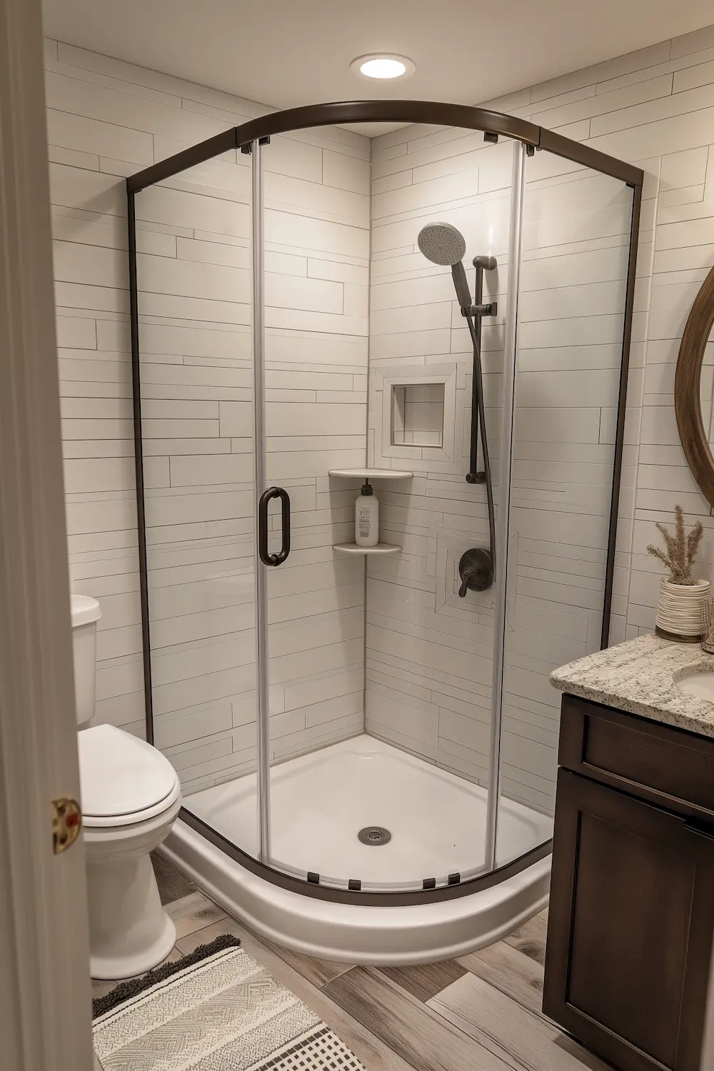 Cozy bathroom featuring a curved glass shower wooden vanity and decorative elements