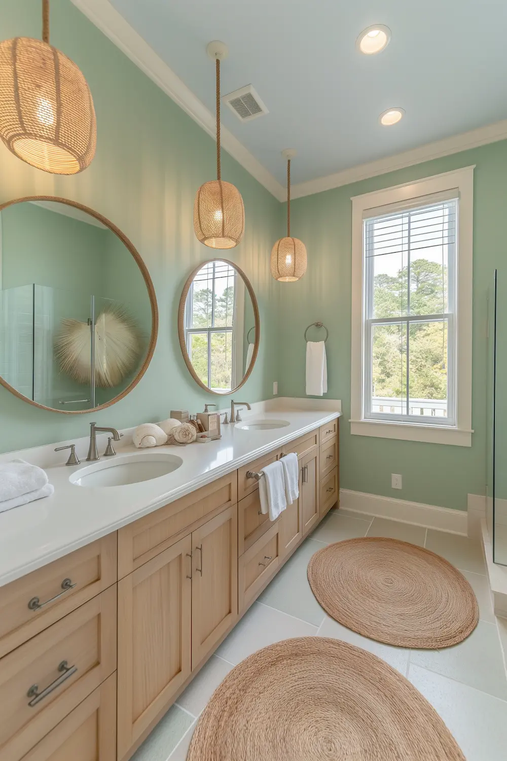 Cozy bathroom with green walls round mirrors and decorative pendant lighting