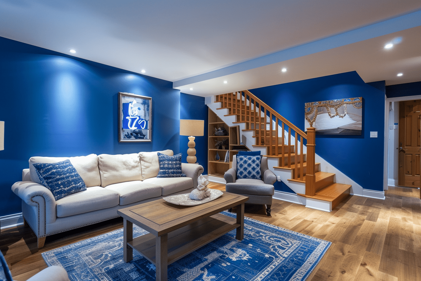 Cozy home basement den with deep blue walls, comfortable seating, and a modern staircase in the background