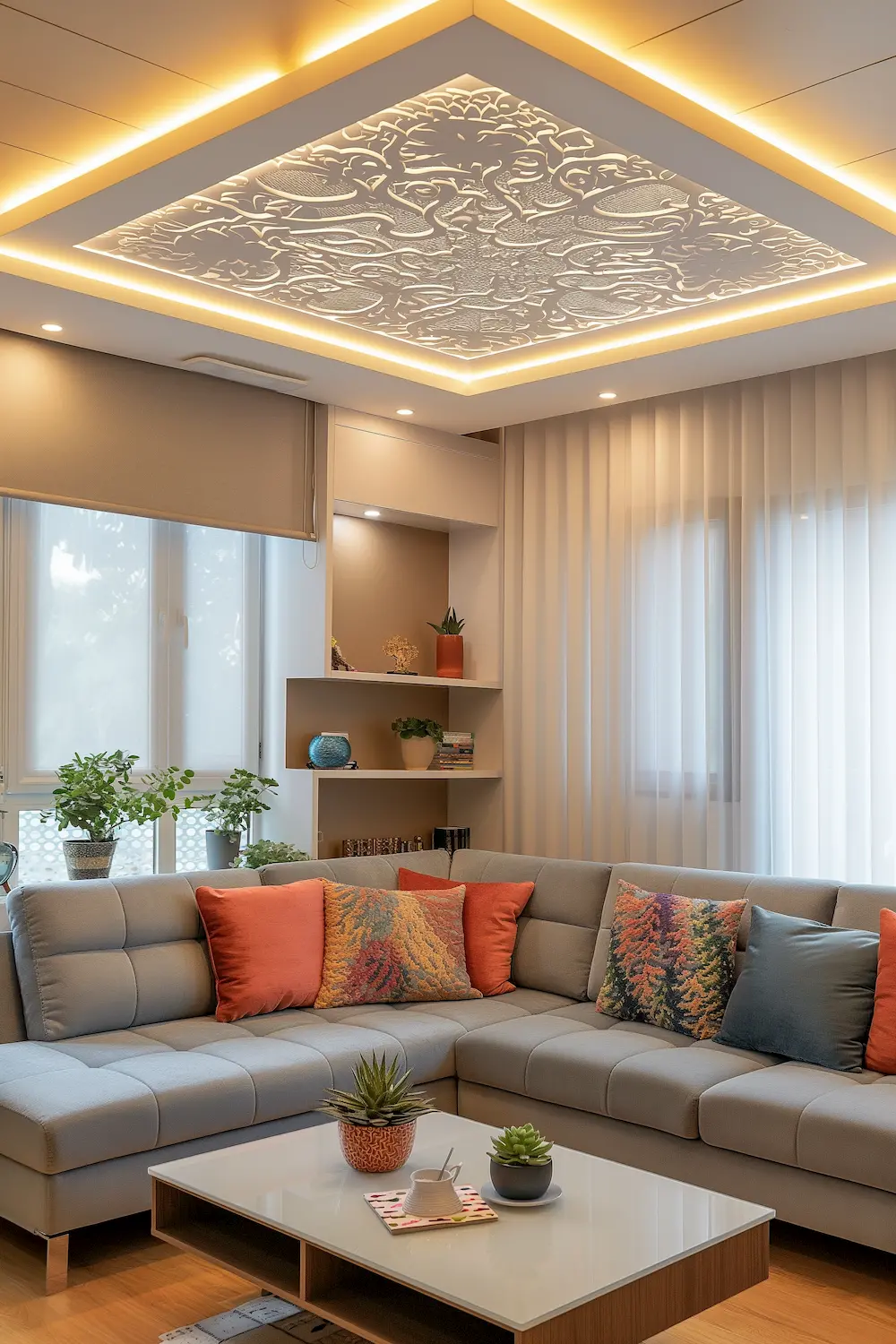 Cozy living room with modern false ceiling and warm LED lighting, pastel walls, and stylish decor