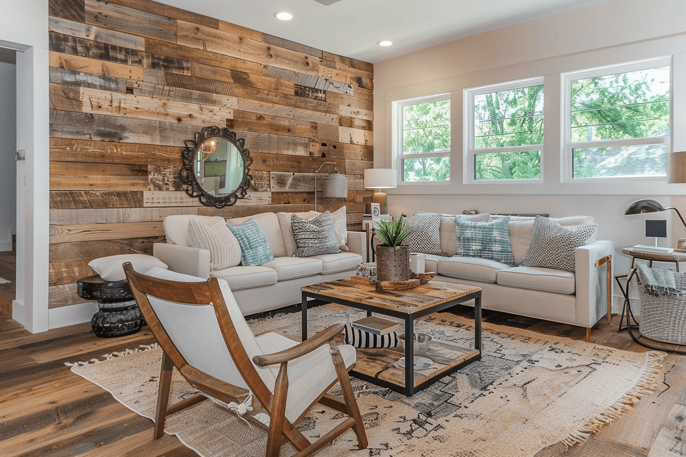 Cozy living room with rustic reclaimed wood wall panels, creating a warm and inviting ambiance