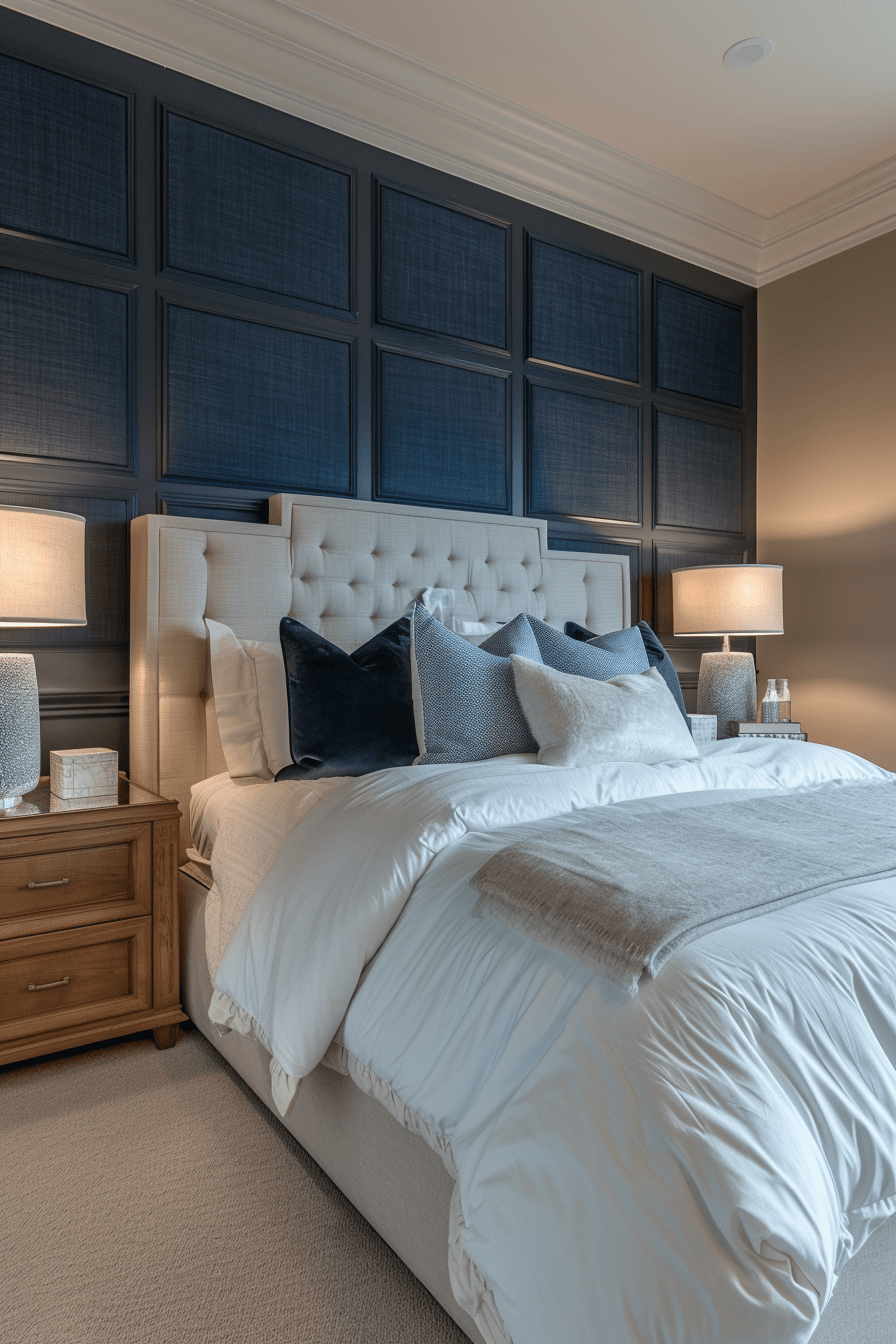 Dark blue fabric upholstered wall panels in cozy bedroom.