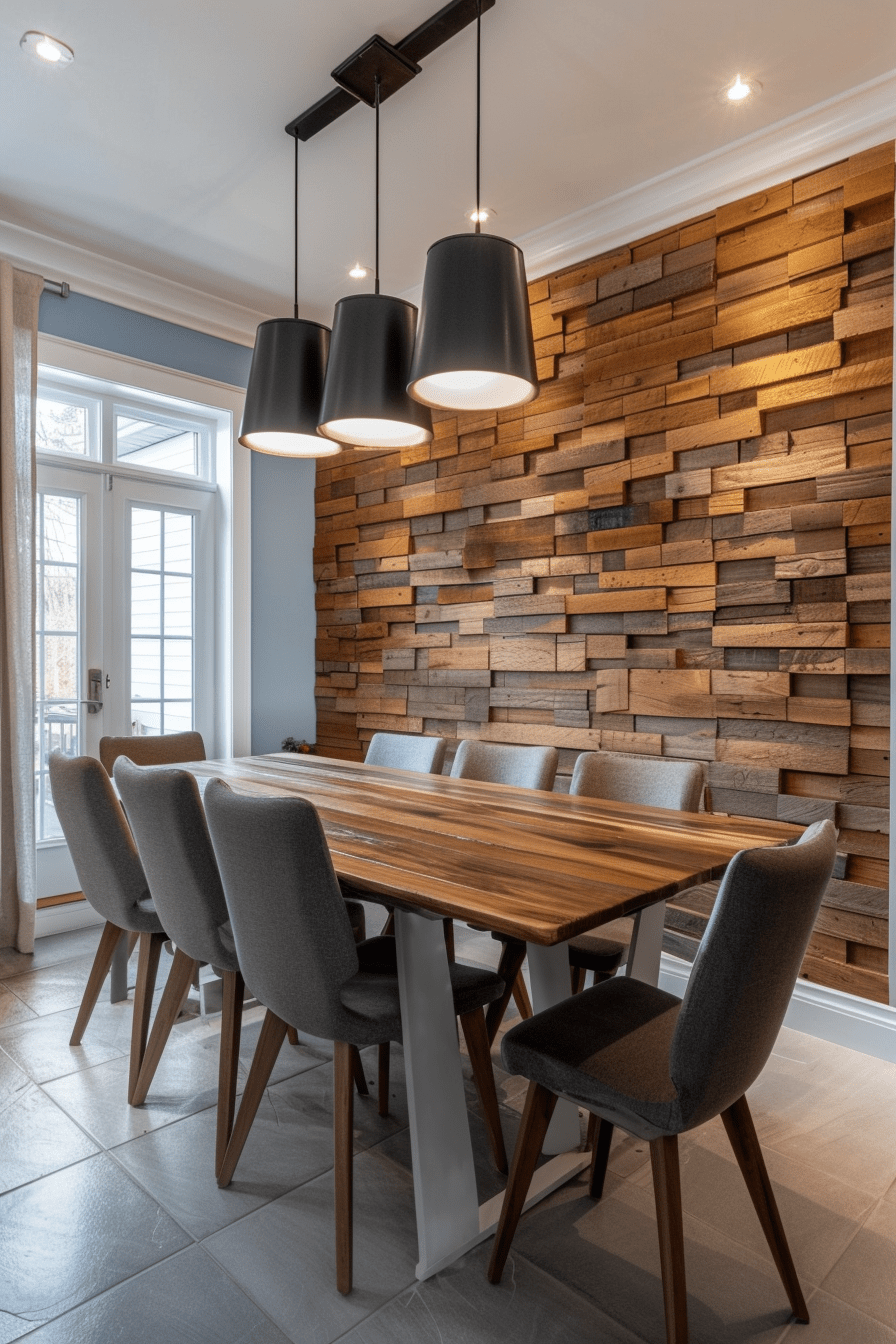 Dining Room with Reclaimed Wood 3D Wall Panels rustic