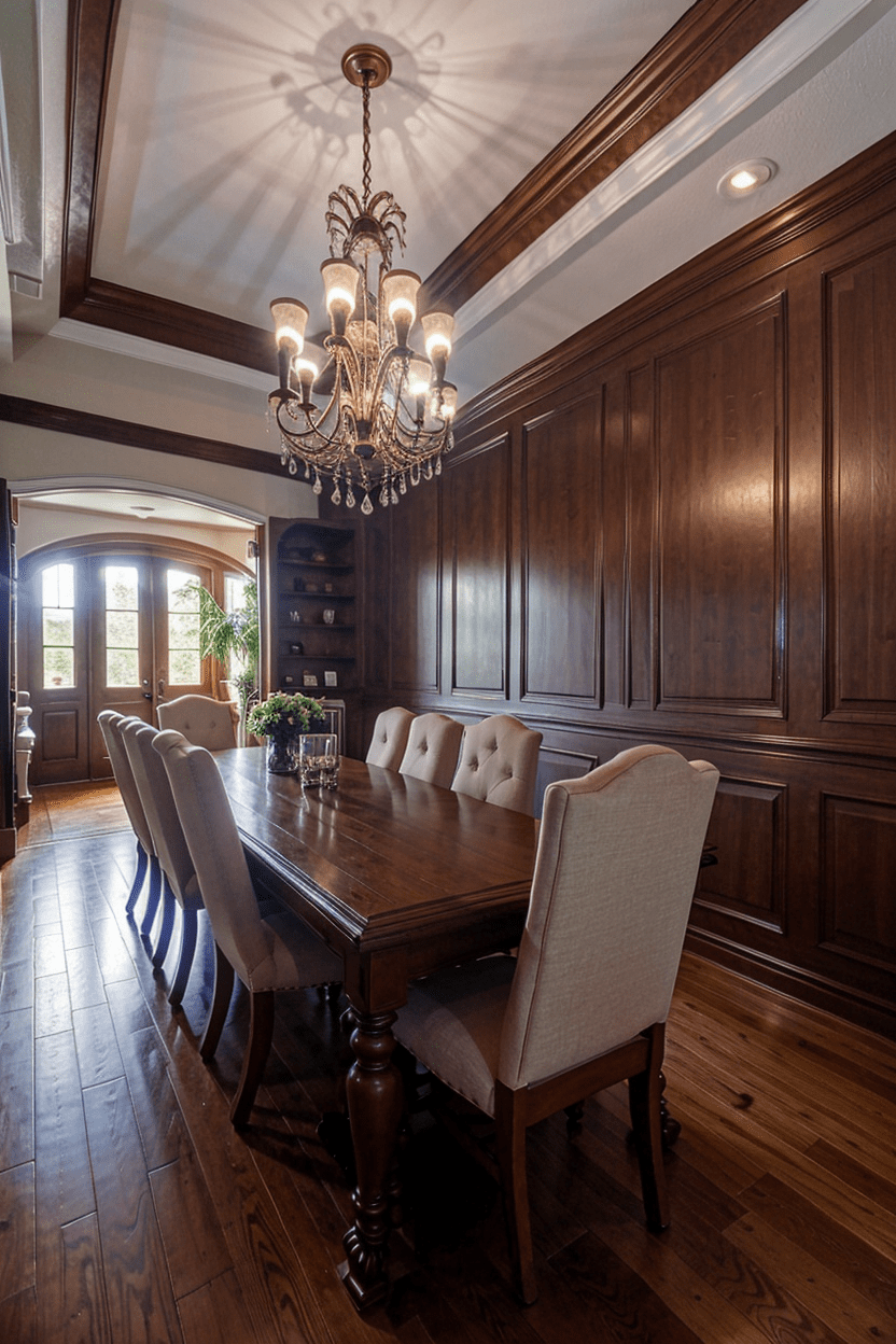 Dining Room with Rich Mahogany Wainscoting and Vintage Chandelier wall panel