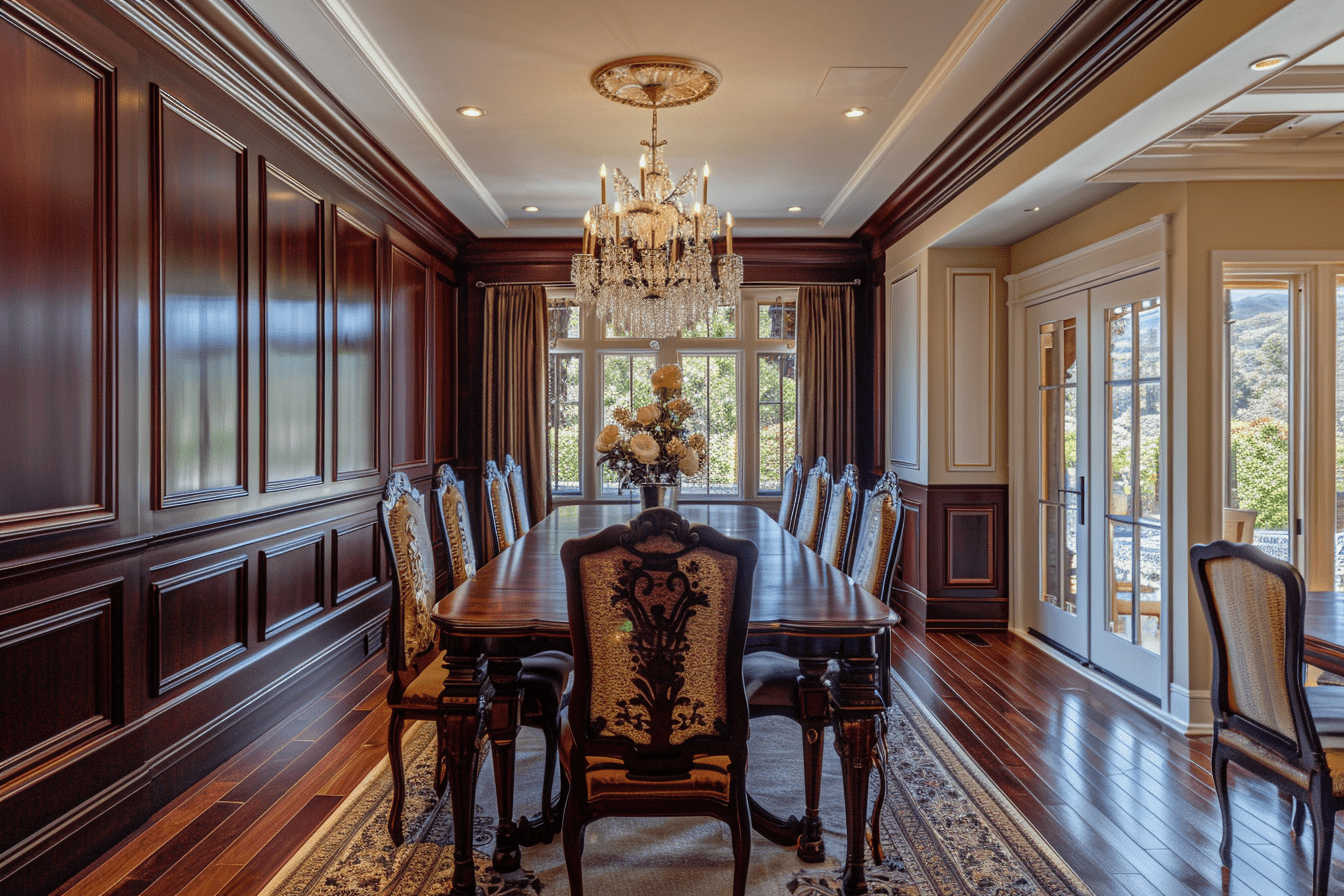 Dining Room with Rich Mahogany Wainscoting and Vintage Chandelier