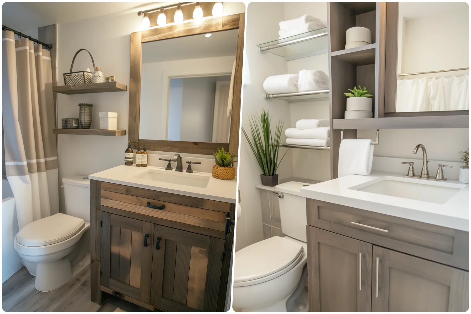 Dual bathroom design featuring rustic cabinetry modern fixtures and neutral colors