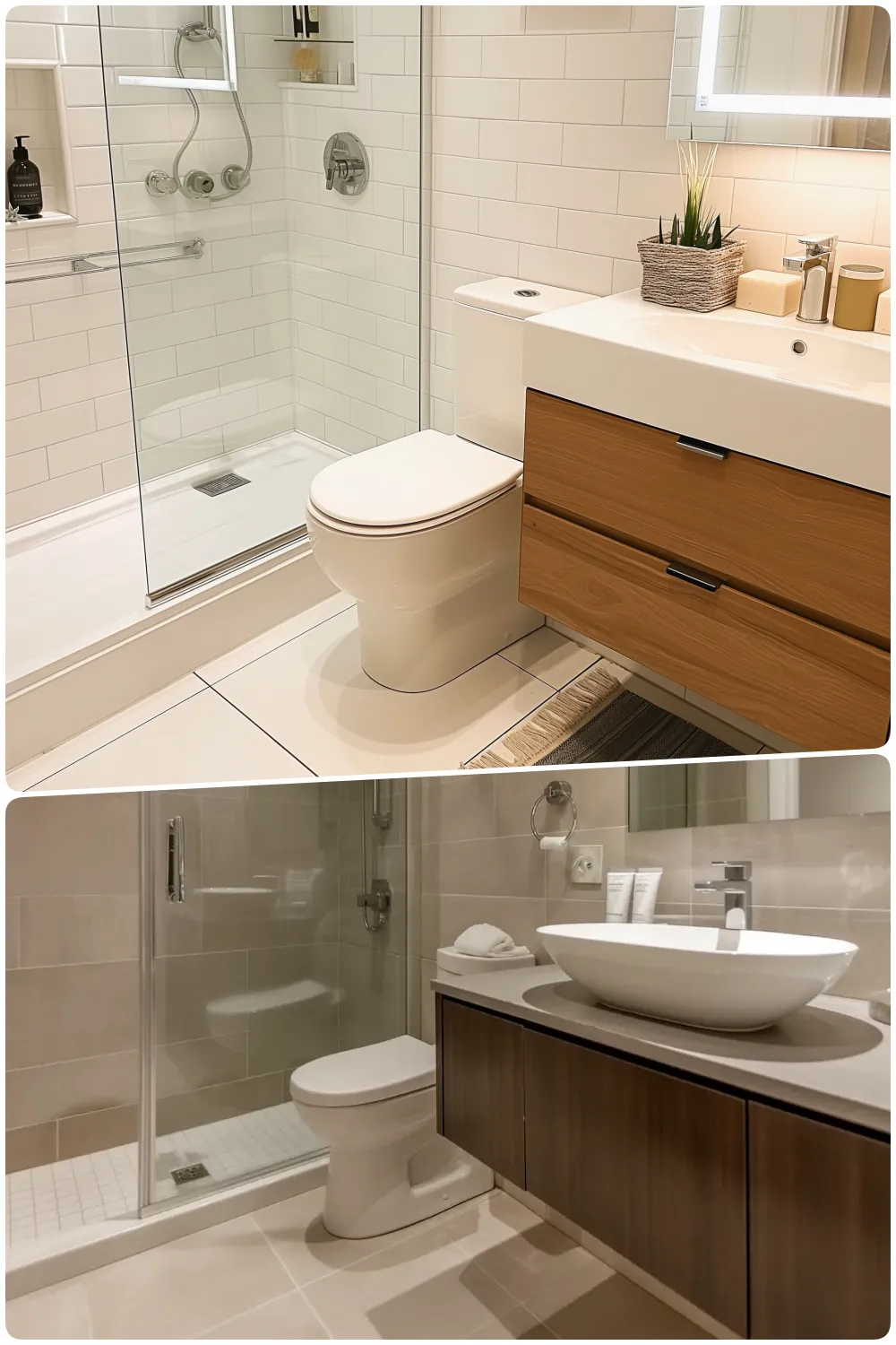 Dual bathroom design with modern fixtures white tiles and glass shower enclosures