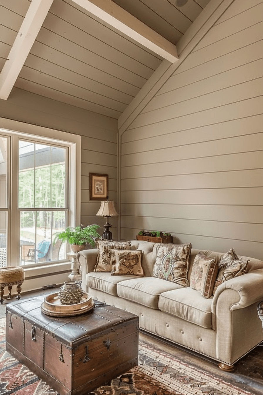 Earthy Taupe Classic Shiplap Wall Panels in a Rustic Elegant Living Room with Vintage Décor