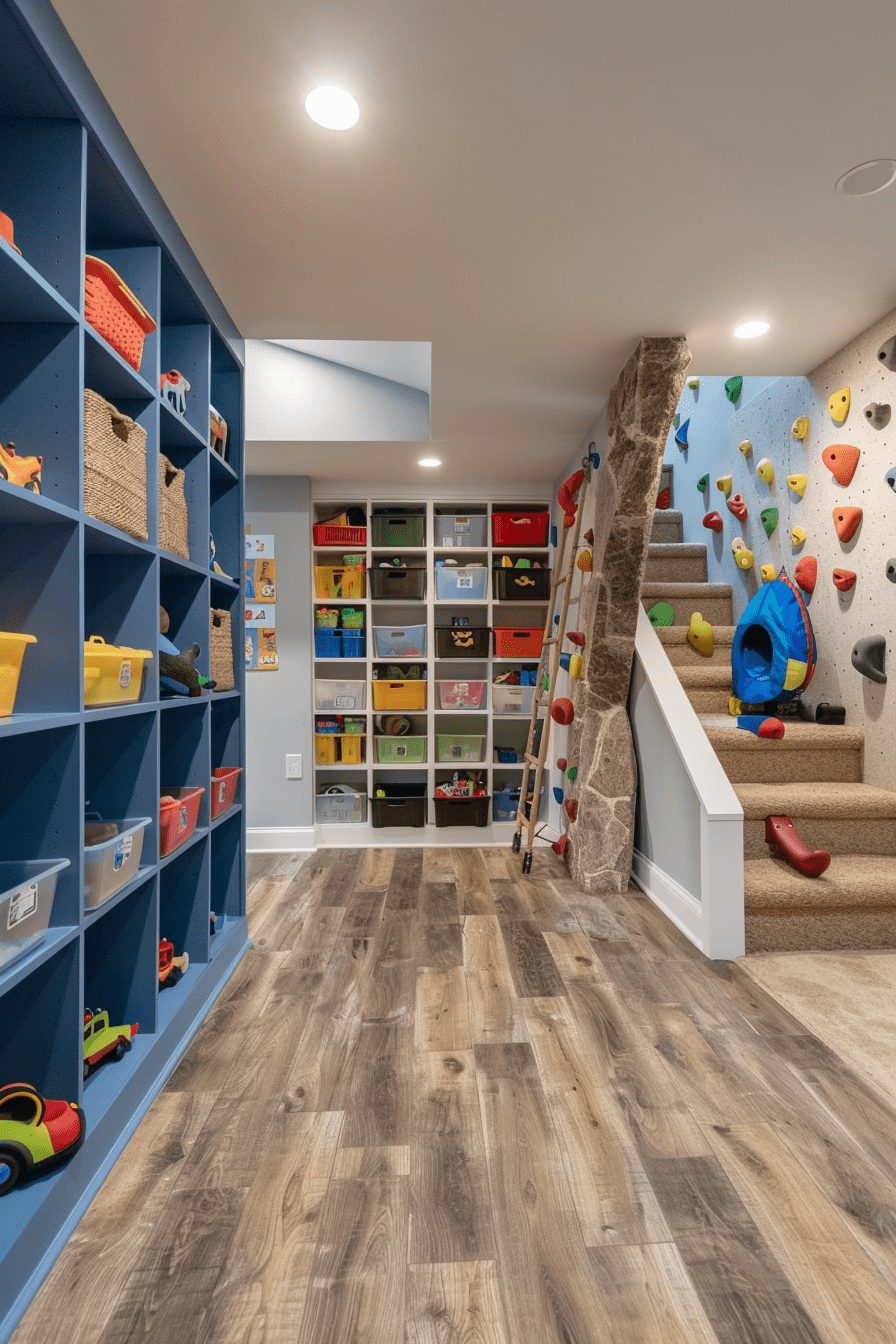 Efficient basement playroom ideas with labeled storage bins, built-in shelves, indoor climbing wall, and playful design for children's activities. Ideal creative basement transforms into organized