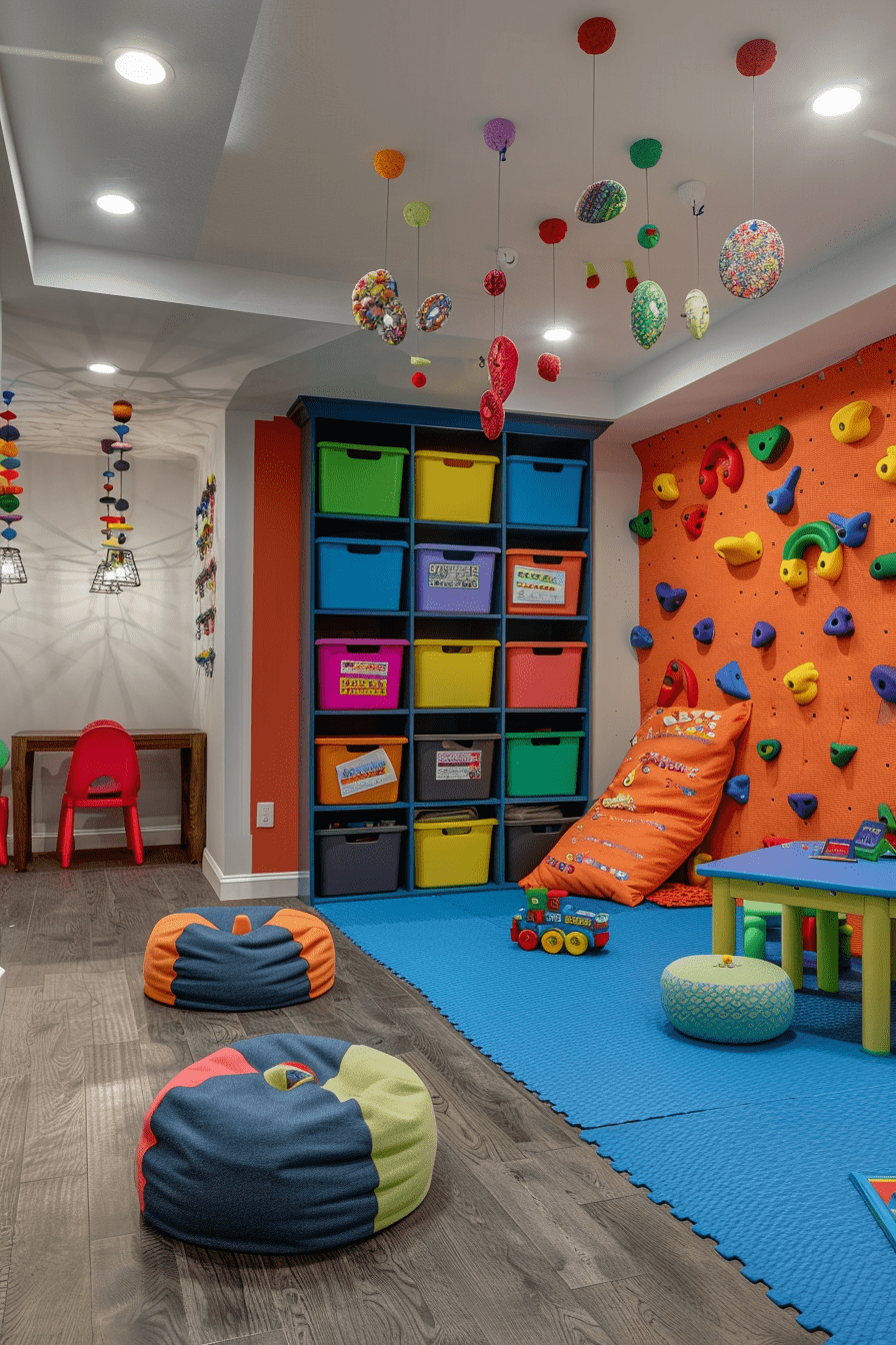 Efficient basement playroom ideas with labeled storage bins, built-in shelves, indoor climbing wall, and playful design for children's activities. organized