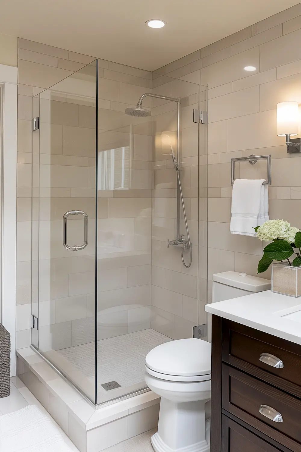 Elegant bathroom featuring a glass shower modern sink and fresh greenery decor