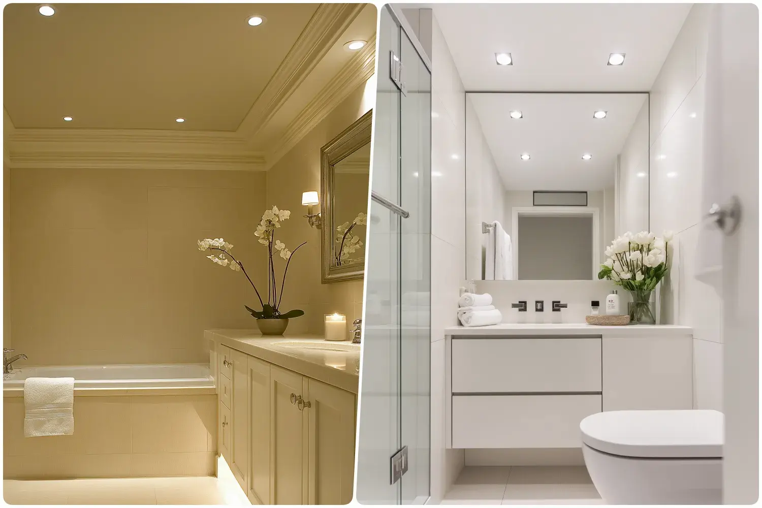 Elegant bathroom with a tub flowers, soft lighting on the ceiling Recessed Lights