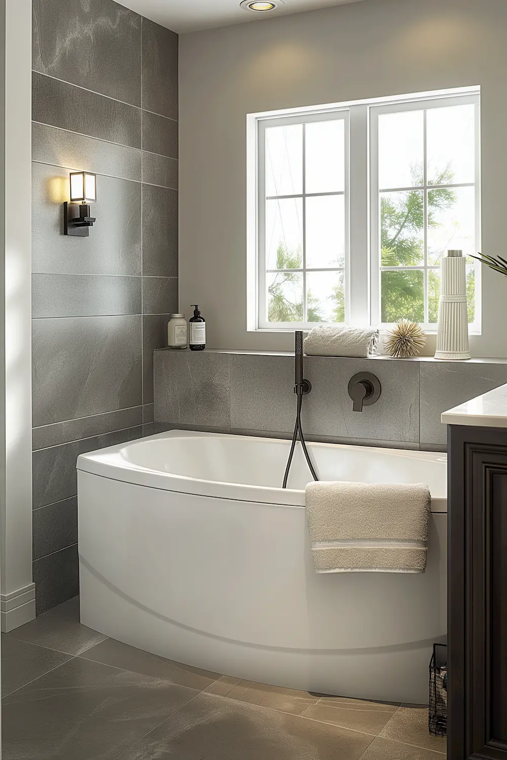 Elegant bathroom with gray tiled walls a modern white bathtub and natural light through windows