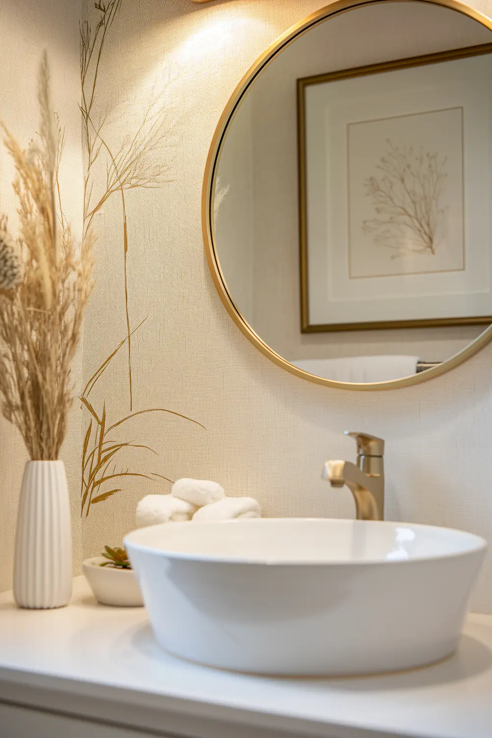 Elegant bathroom with round mirror white bowl sink and decorative wall art