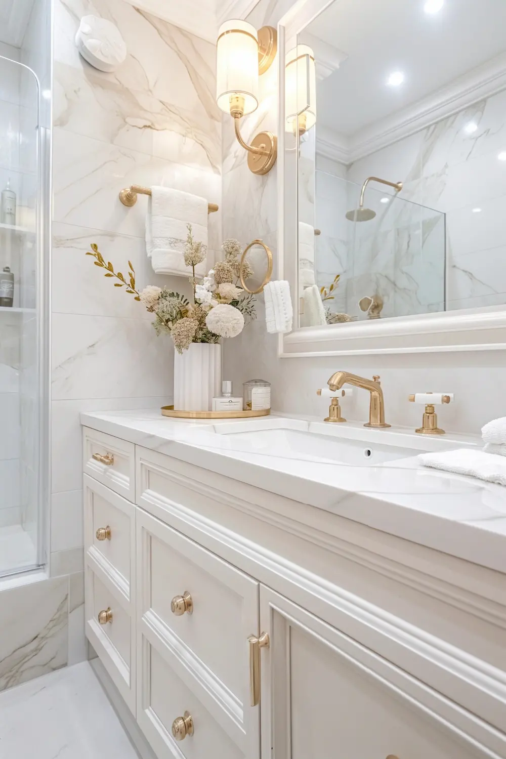 Elegant bathroom with white cabinetry gold fixtures and floral decor on countertop