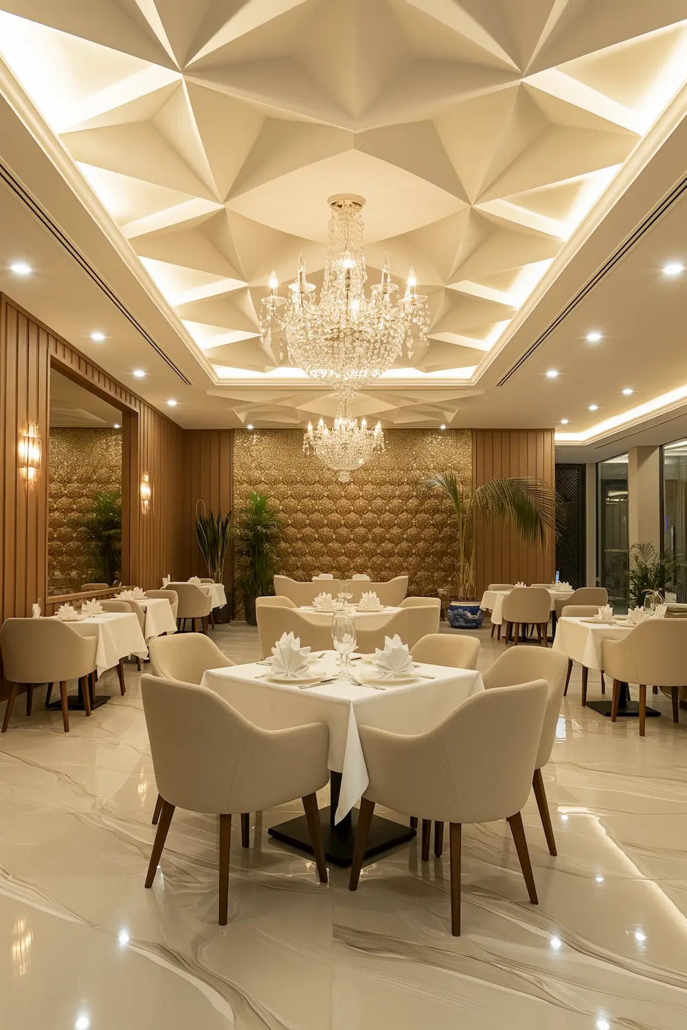 Elegant dining room featuring geometric false ceiling and chandelier, with fine dining setup and warm atmosphere