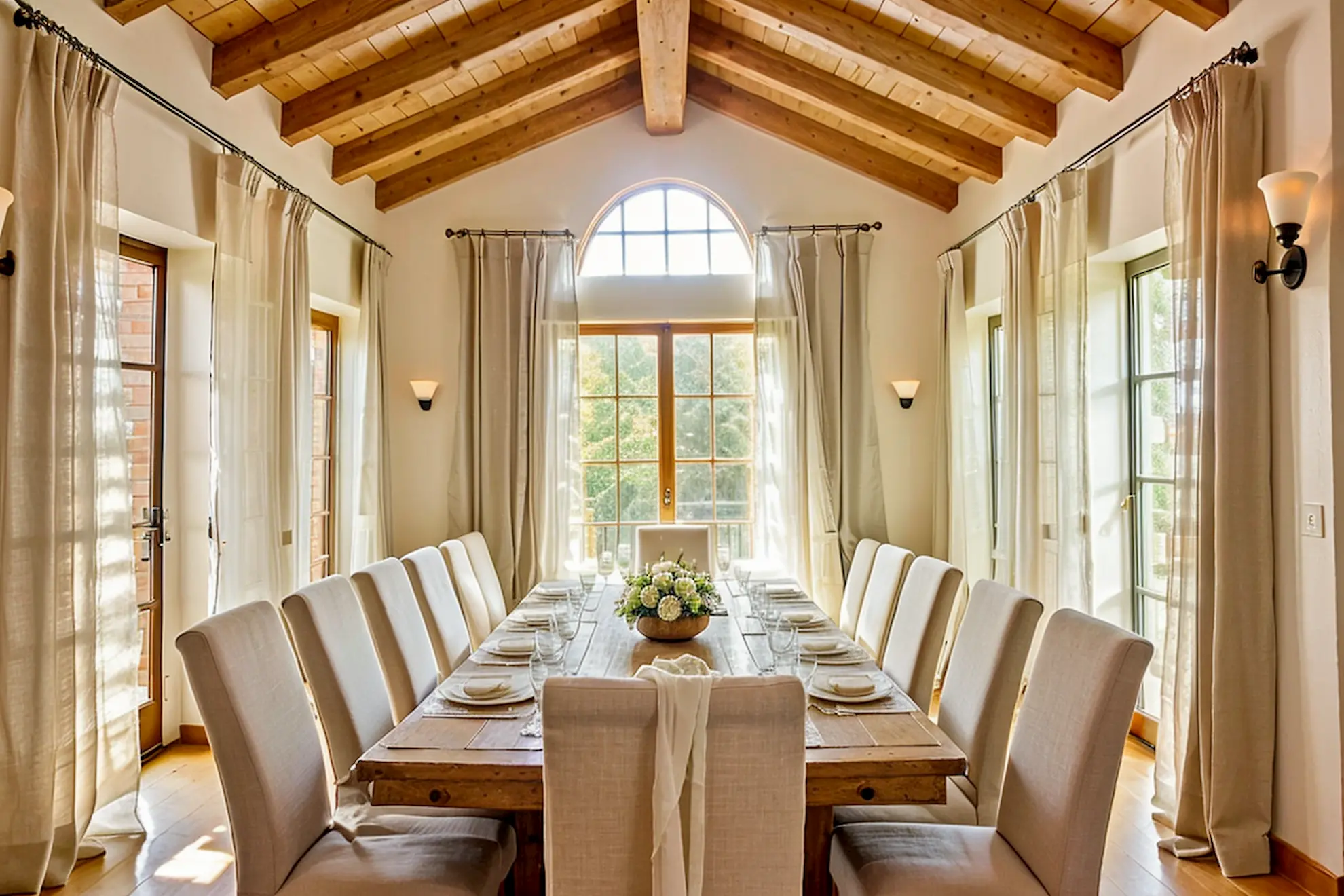 Elegant dining room showcasing high wooden beamed ceilings and rustic table setting.