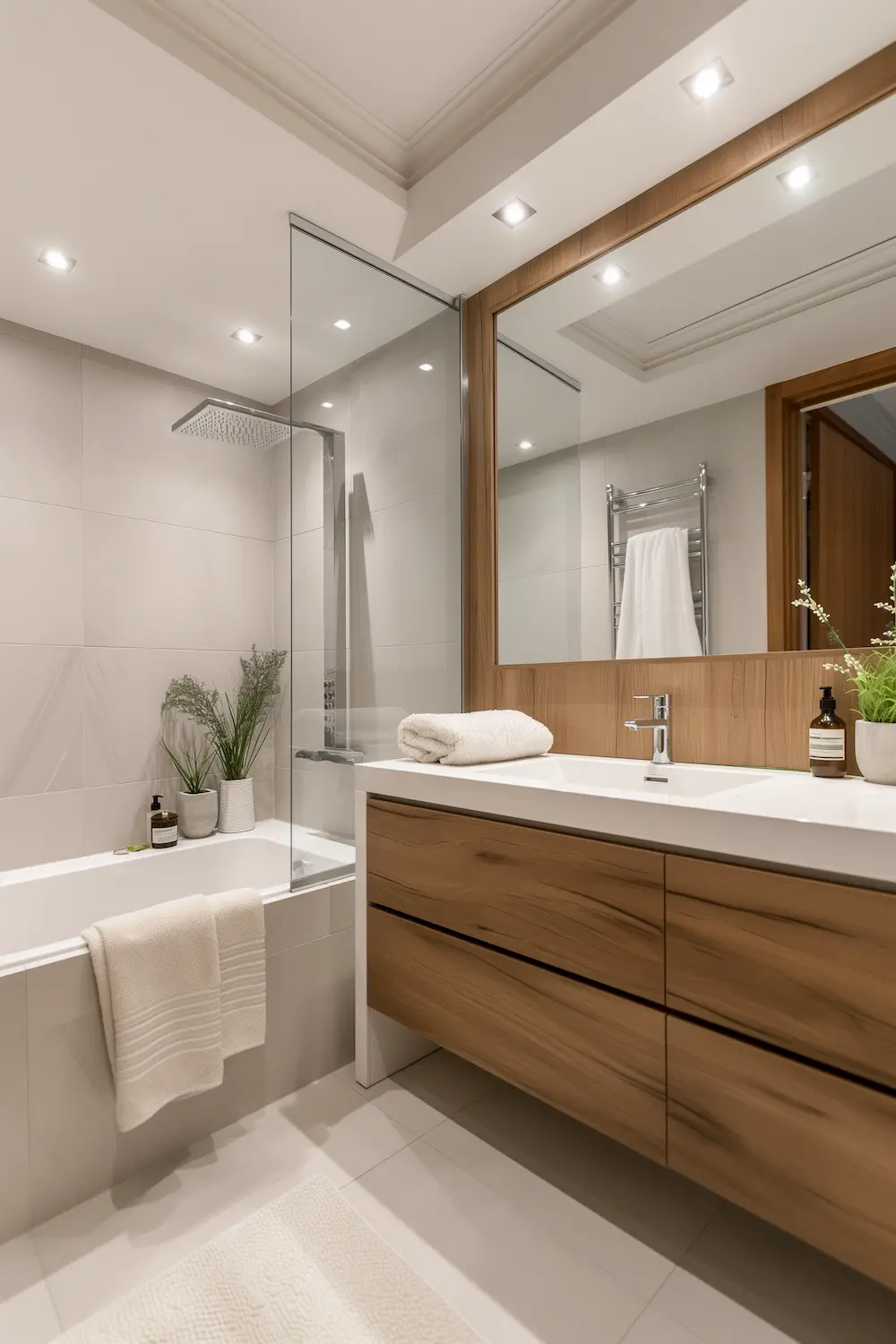 Elegant small bathroom with minimalist decor, muted tones, and a touch of warm wood accents