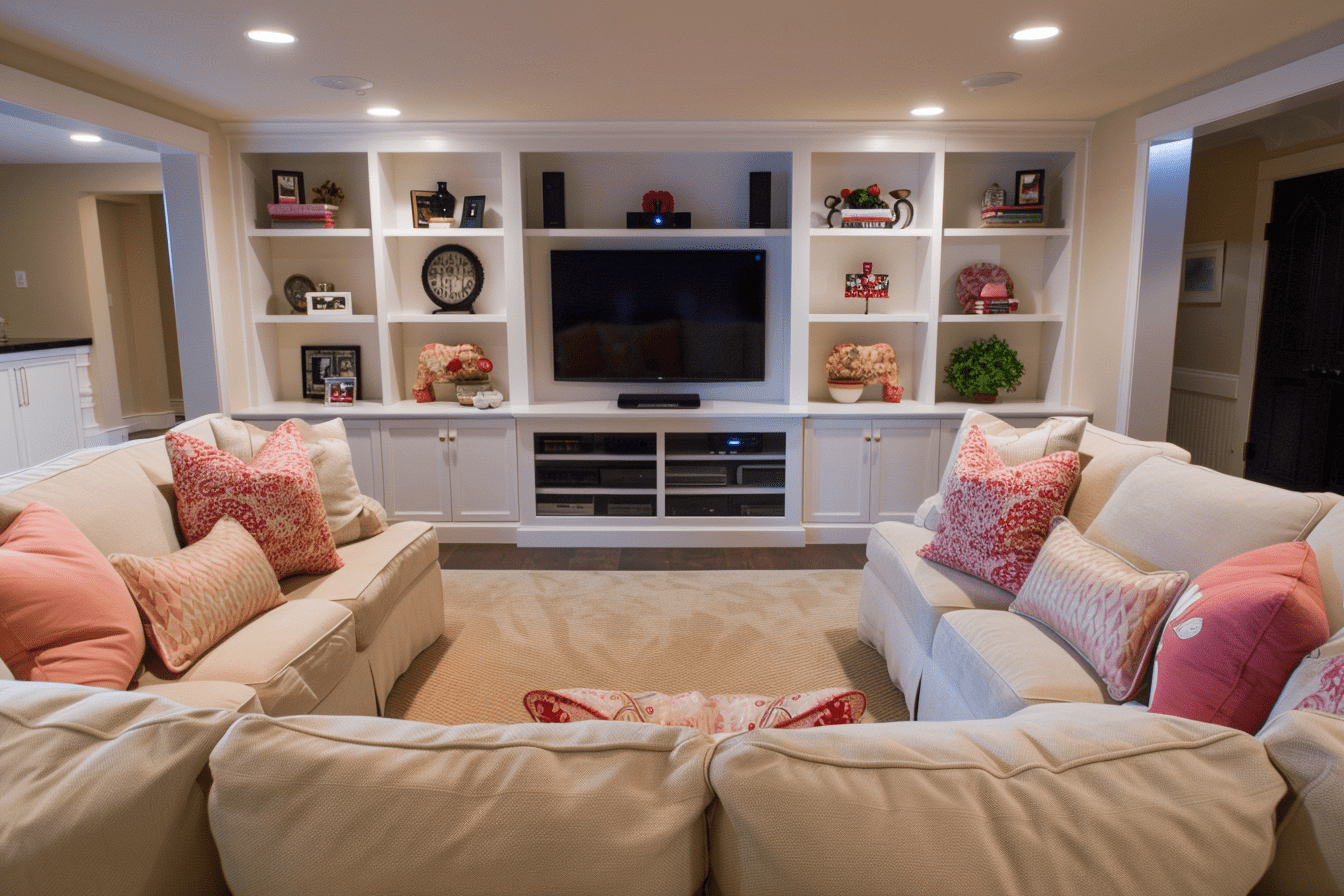 Entertainment-oriented basement living room with large sofas and media setup