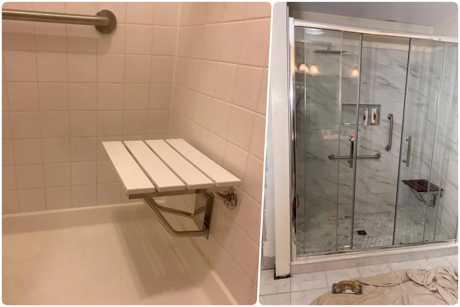 Foldable shower bench attached to tiled wall in a bathroom and Modern glass shower with built-in bench and safety grab bars