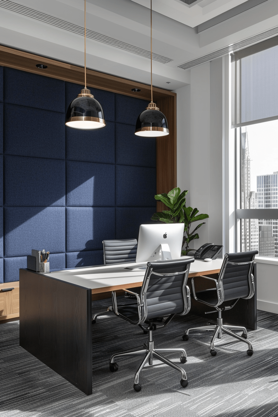 High-end office space with navy blue linen upholstered wall panels, modern office furniture, and natural light for a professional and comfortable workspace