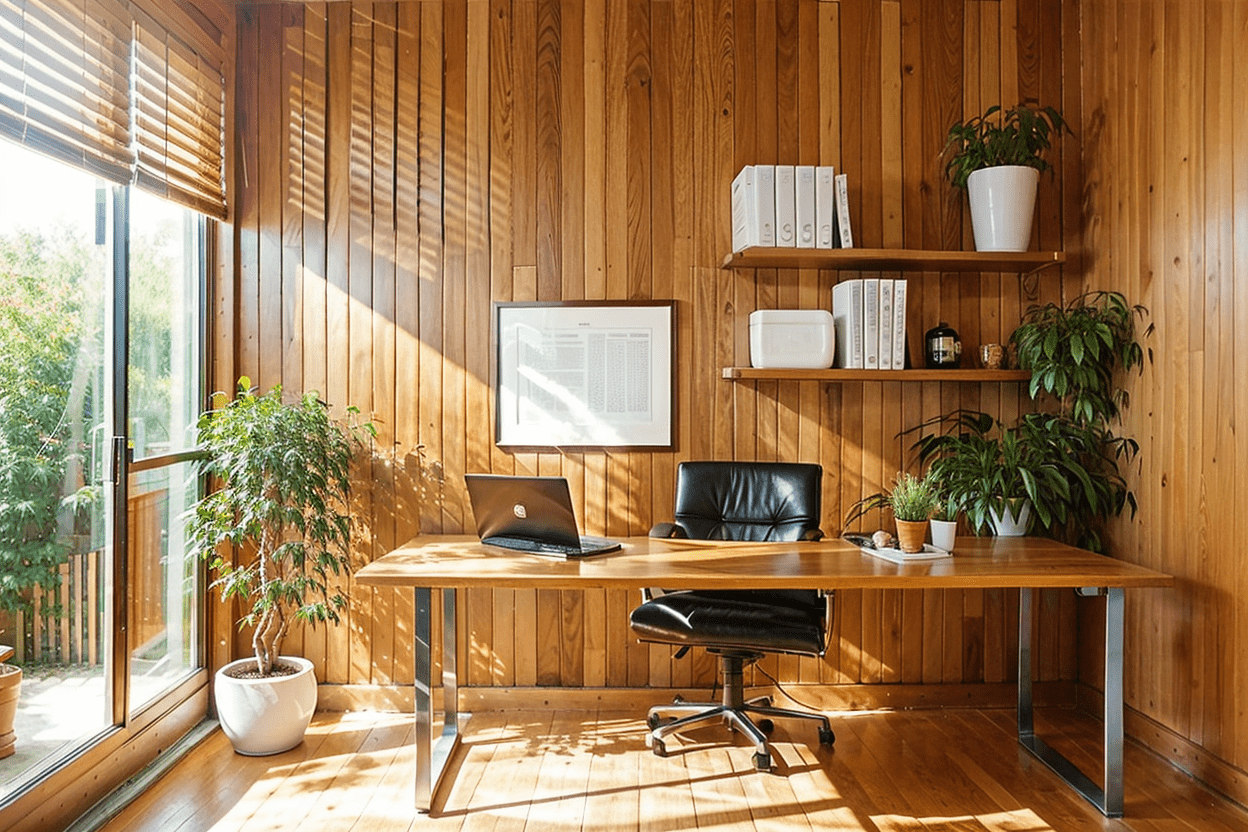 Home office with mid-century modern wood paneling, horizontal alignment, ergonomic furniture, minimalist design, houseplants, framed artwork