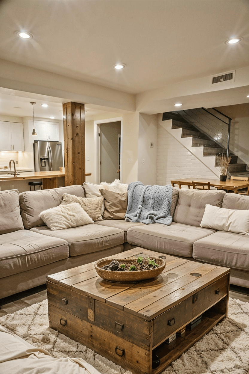 Homely basement living room with sectional couches and reclaimed wood coffee table