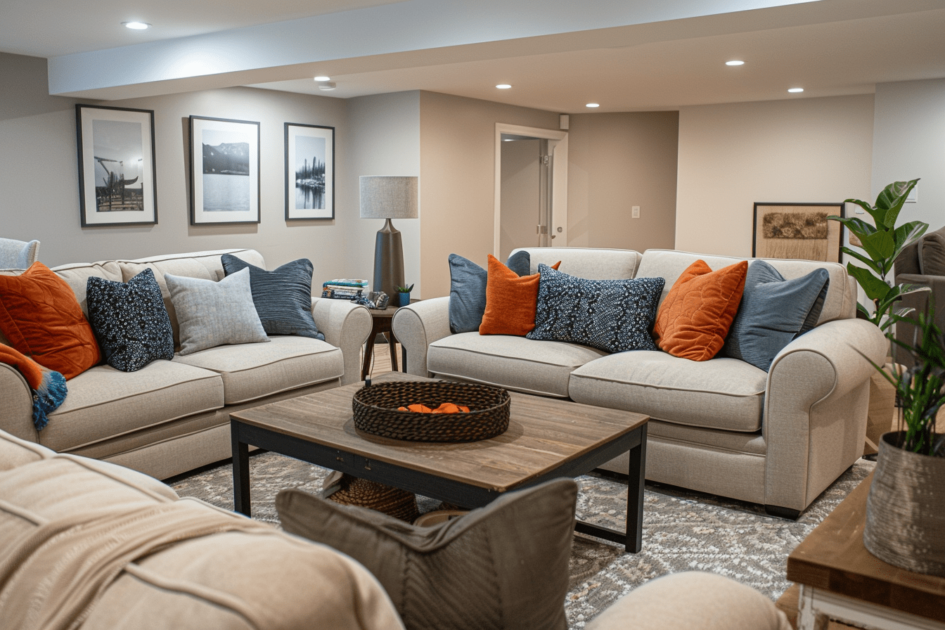 Inviting basement living room with durable couches and colorful accents