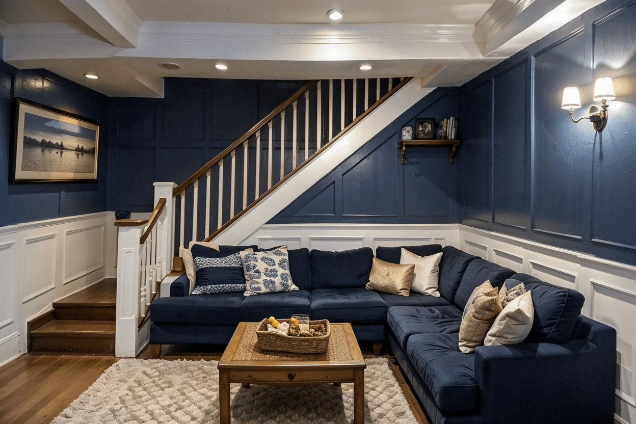 Inviting basement lounge with deep blue and white contrast, wooden staircase, and industrial lighting