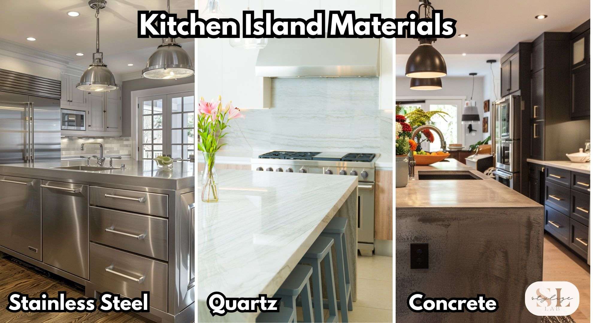 Kitchen Island Materials, Stainless Steel, Quartz and Concrete