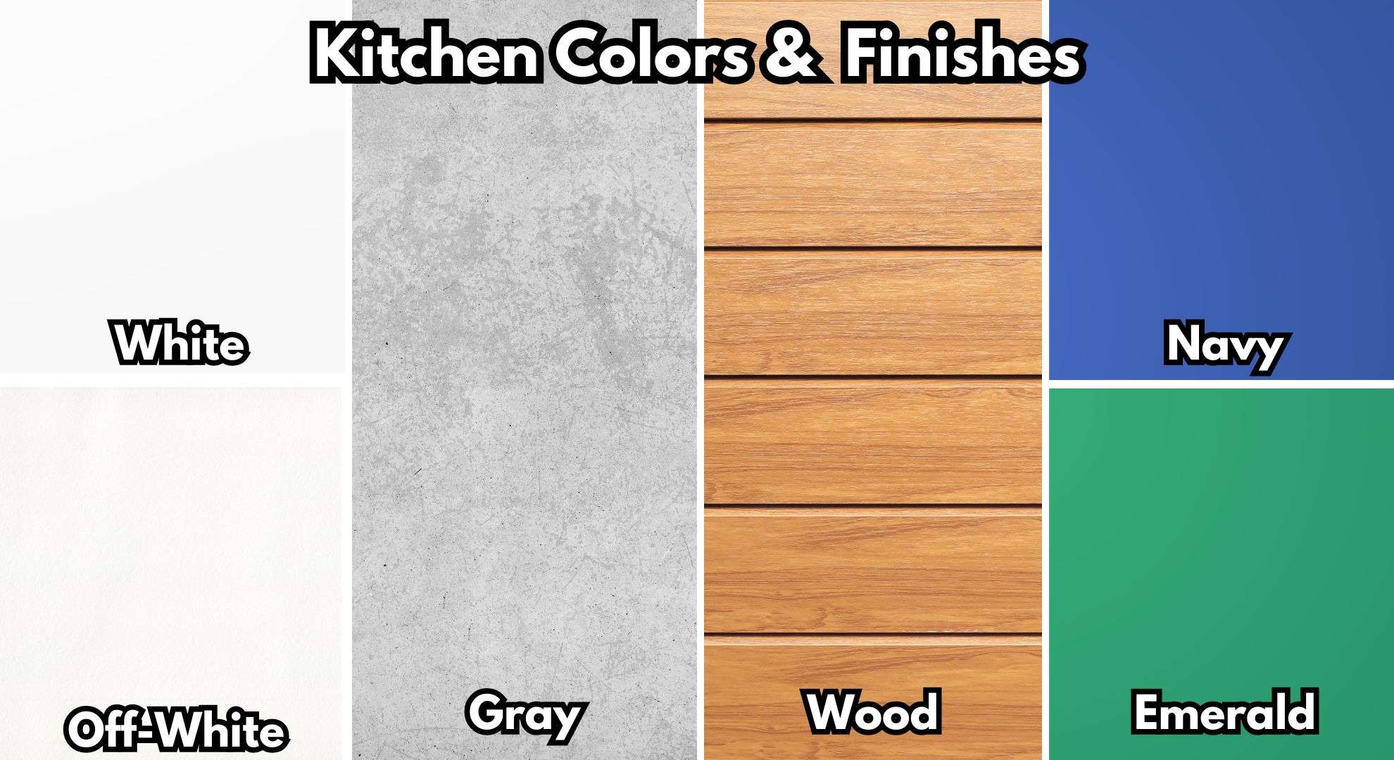 Kitchen colors Finishes, White, Off-White, Gray, Wood, Navy, Emerald