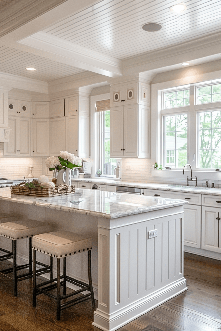 Kitchen island with white beadboard paneling and marble countertop