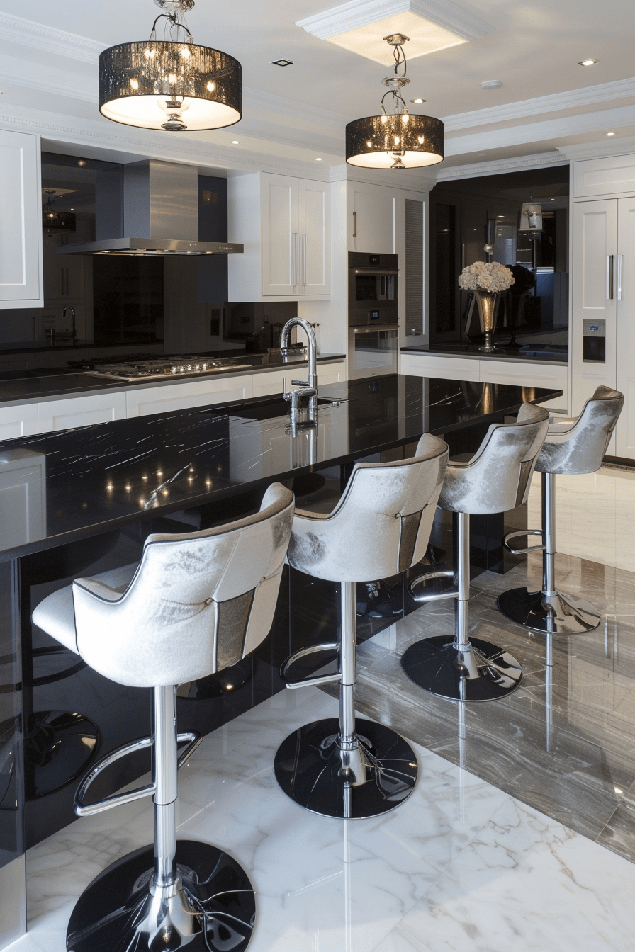 Luxe modern kitchen with black granite island and velvet-upholstered bar stools with high backs and metal legs