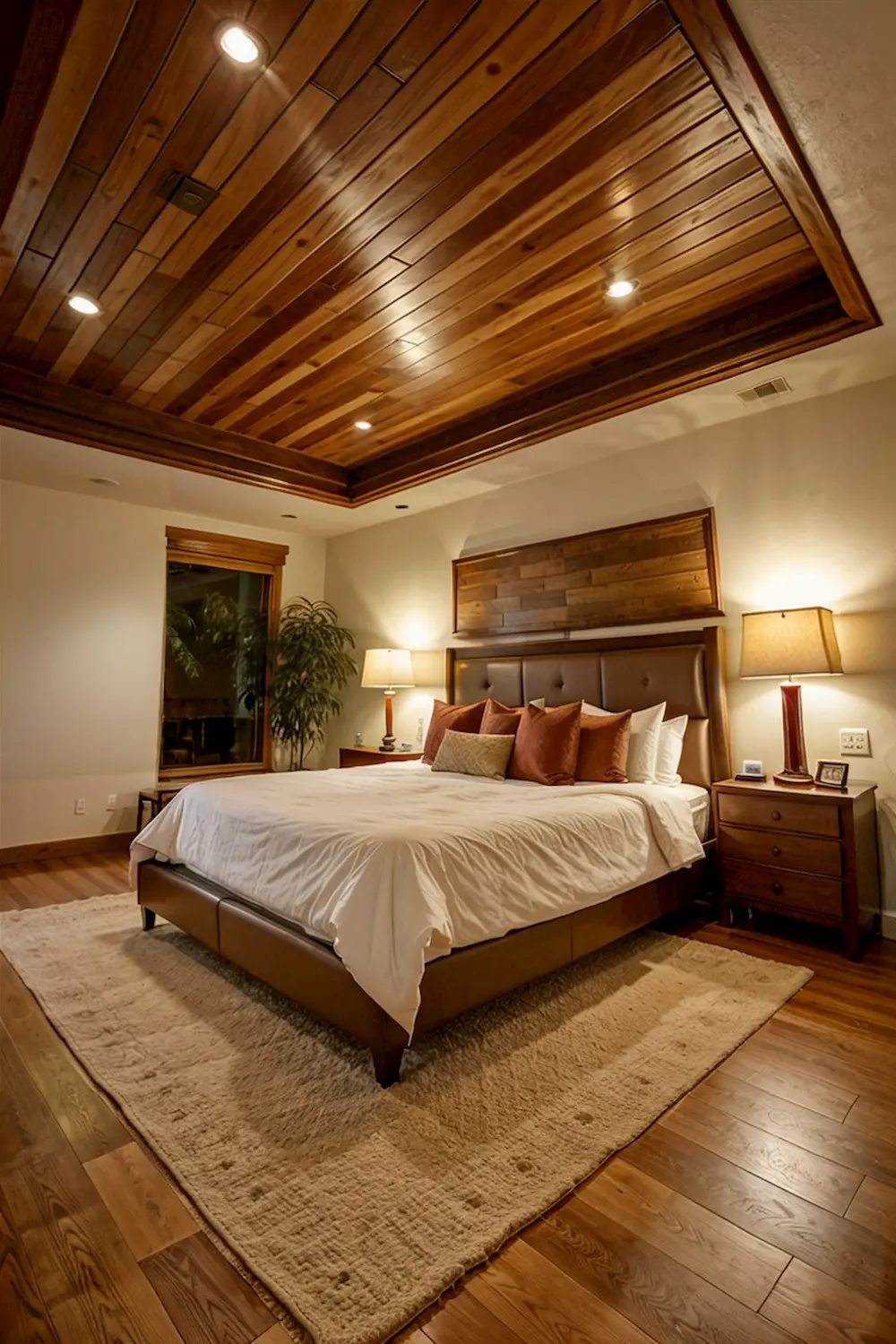 Luxurious Master Bedroom with Stylish Wood Ceiling Panels