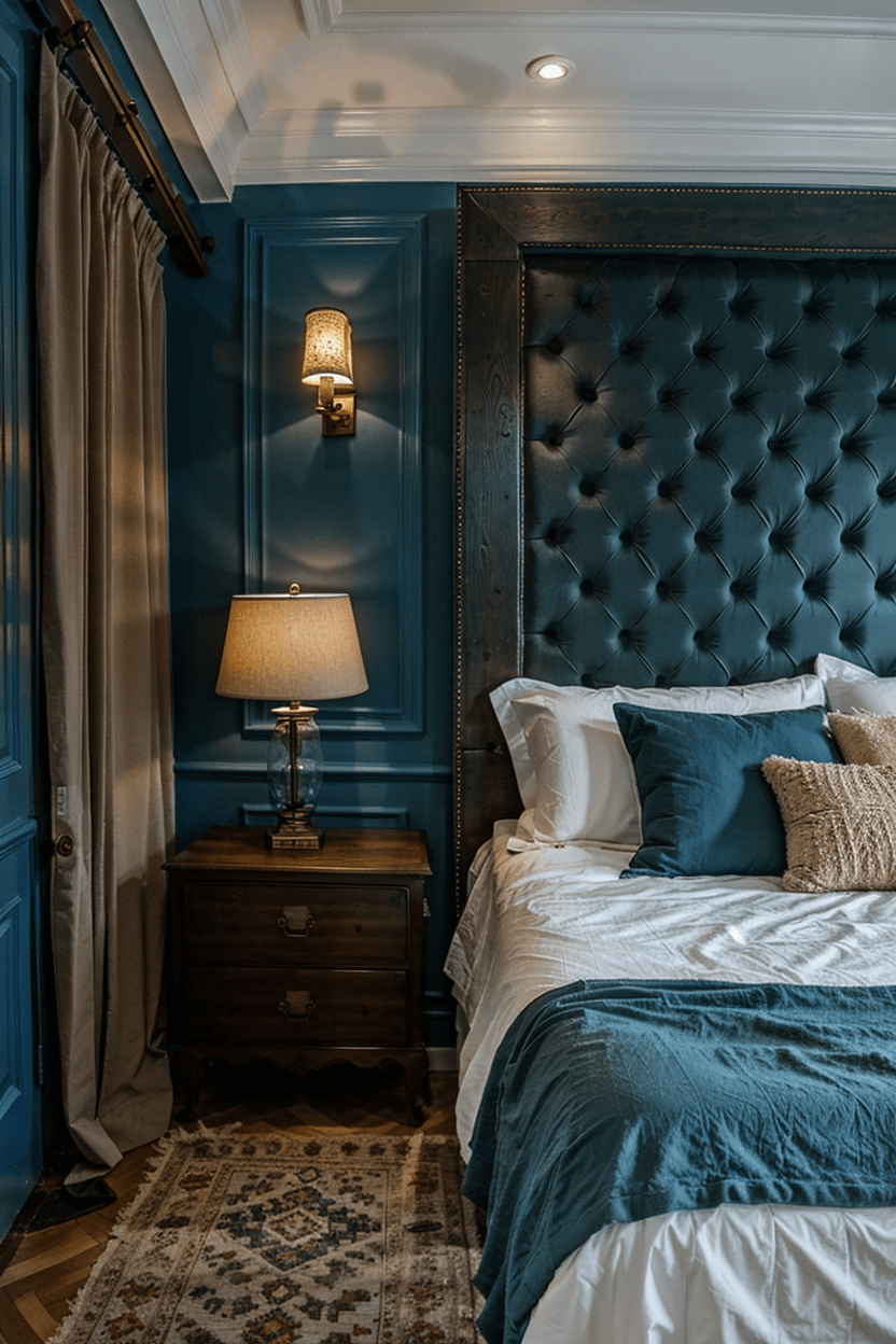 Luxurious bedroom with teal velvet upholstered wall panels, diamond tufting, and soft ambient lighting for an opulent atmosphere.