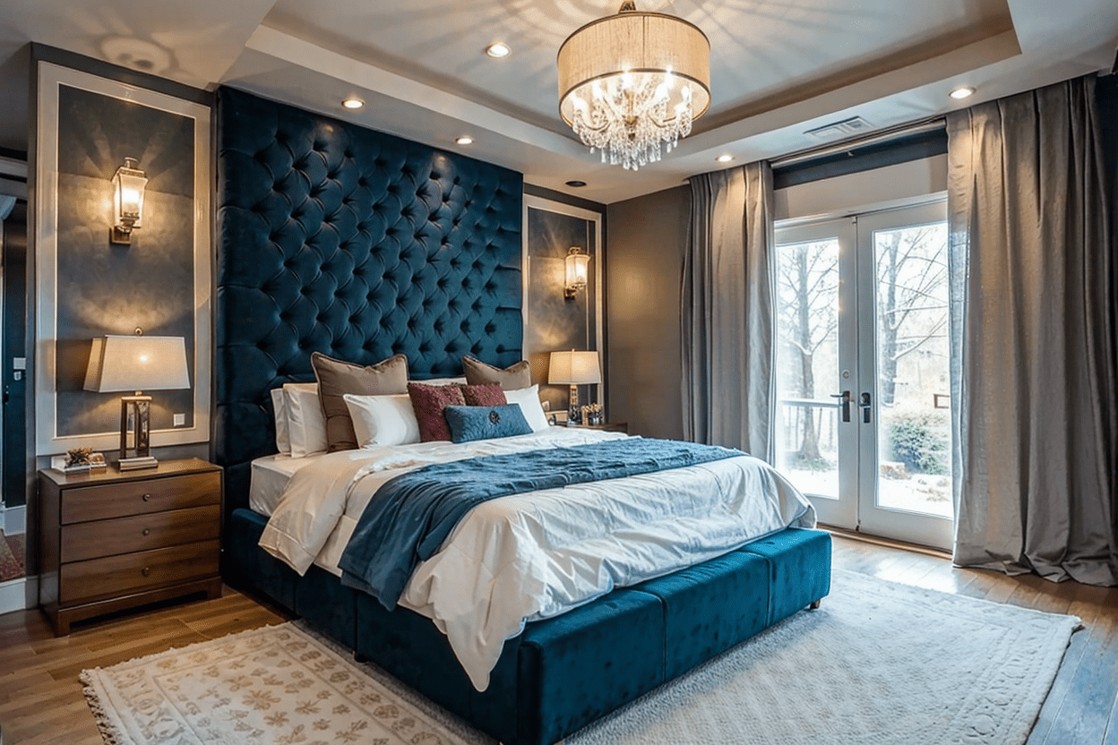 Luxurious bedroom with teal velvet upholstered wall panels, diamond tufting, and soft ambient lighting for an opulent atmosphere