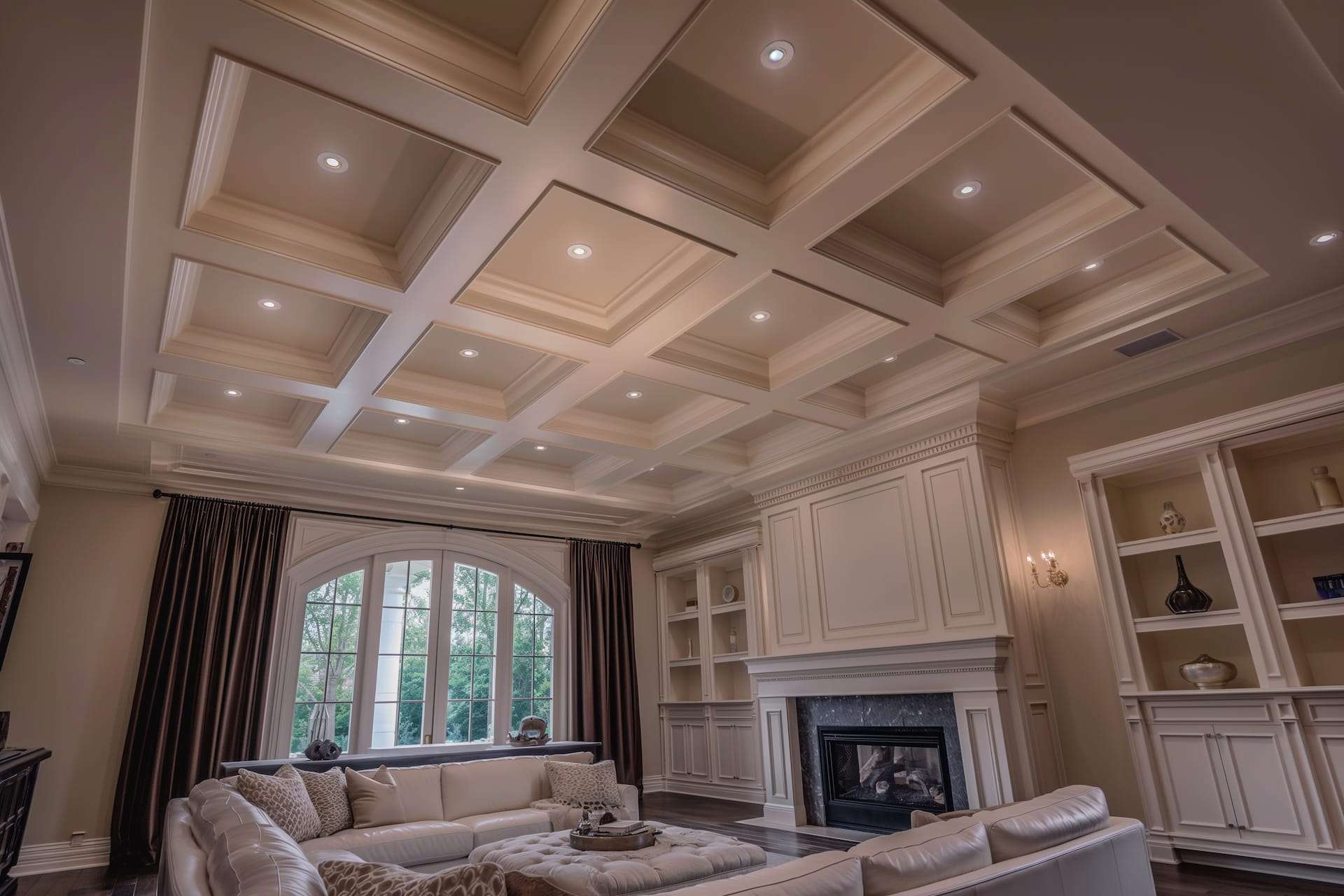 Luxurious living room with a stunning coffered ceiling featuring recessed square panels and ornate moldings, enhanced by rich wooden beams