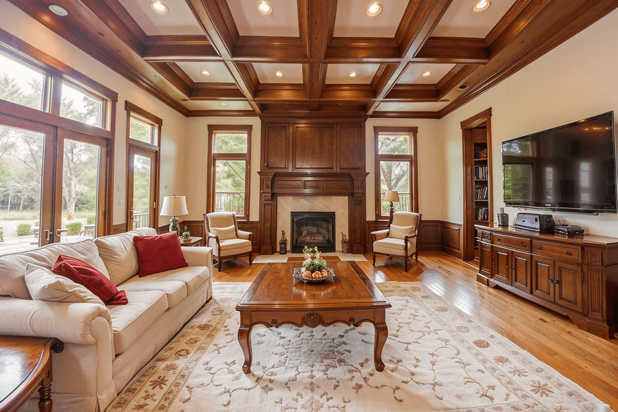 Luxurious living room with a stunning coffered ceiling featuring recessed square panels and ornate moldings, enhanced by rich wooden beams