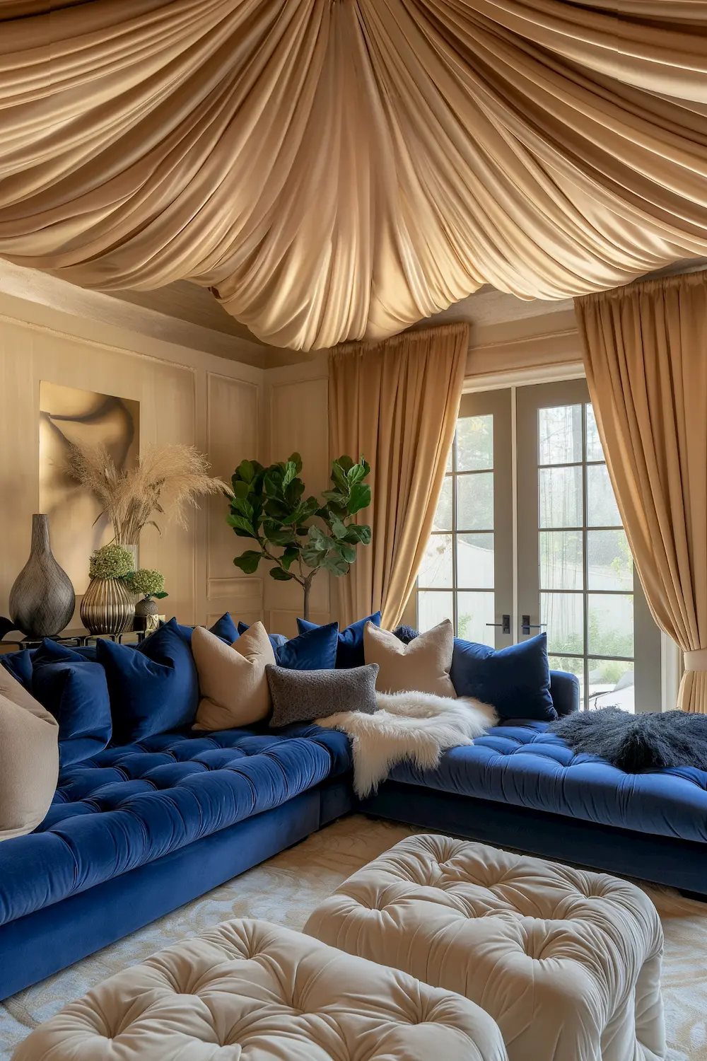 Luxurious living room with fabric-draped ceiling, velvet furniture