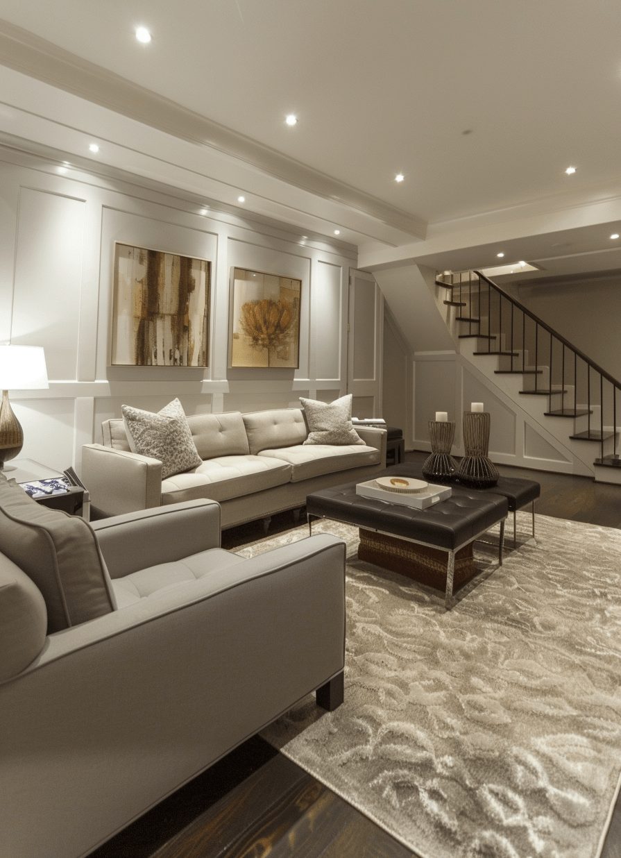 Minimalist Basement , neutral colors, white, grey and beige