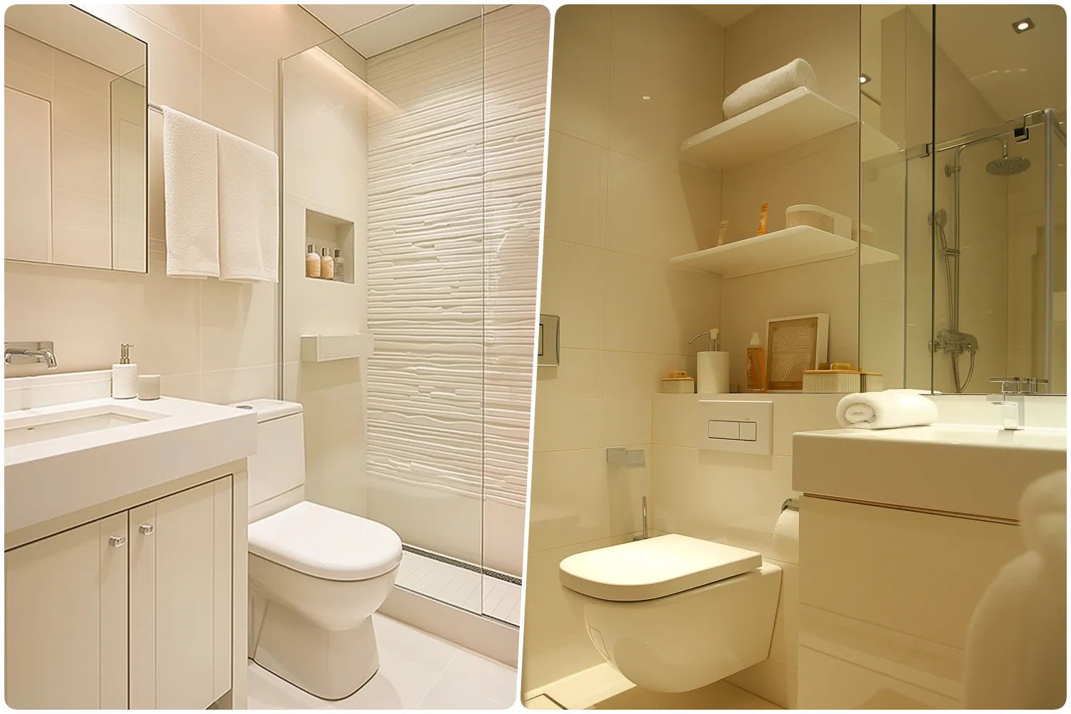 Minimalist bathroom with white fixtures a glass shower and soft lighting + Contemporary bathroom featuring a sleek vanity and shelves with neatly arranged toiletries