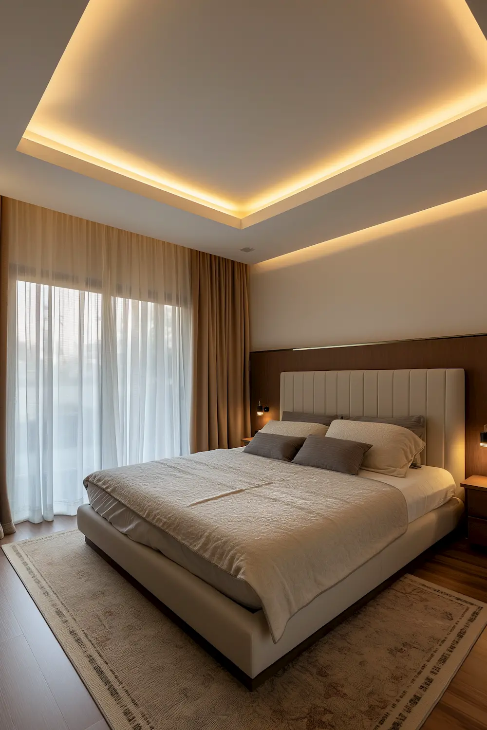 Minimalist bedroom with a sleek false ceiling and backlit design, featuring neutral tones and modern decor.