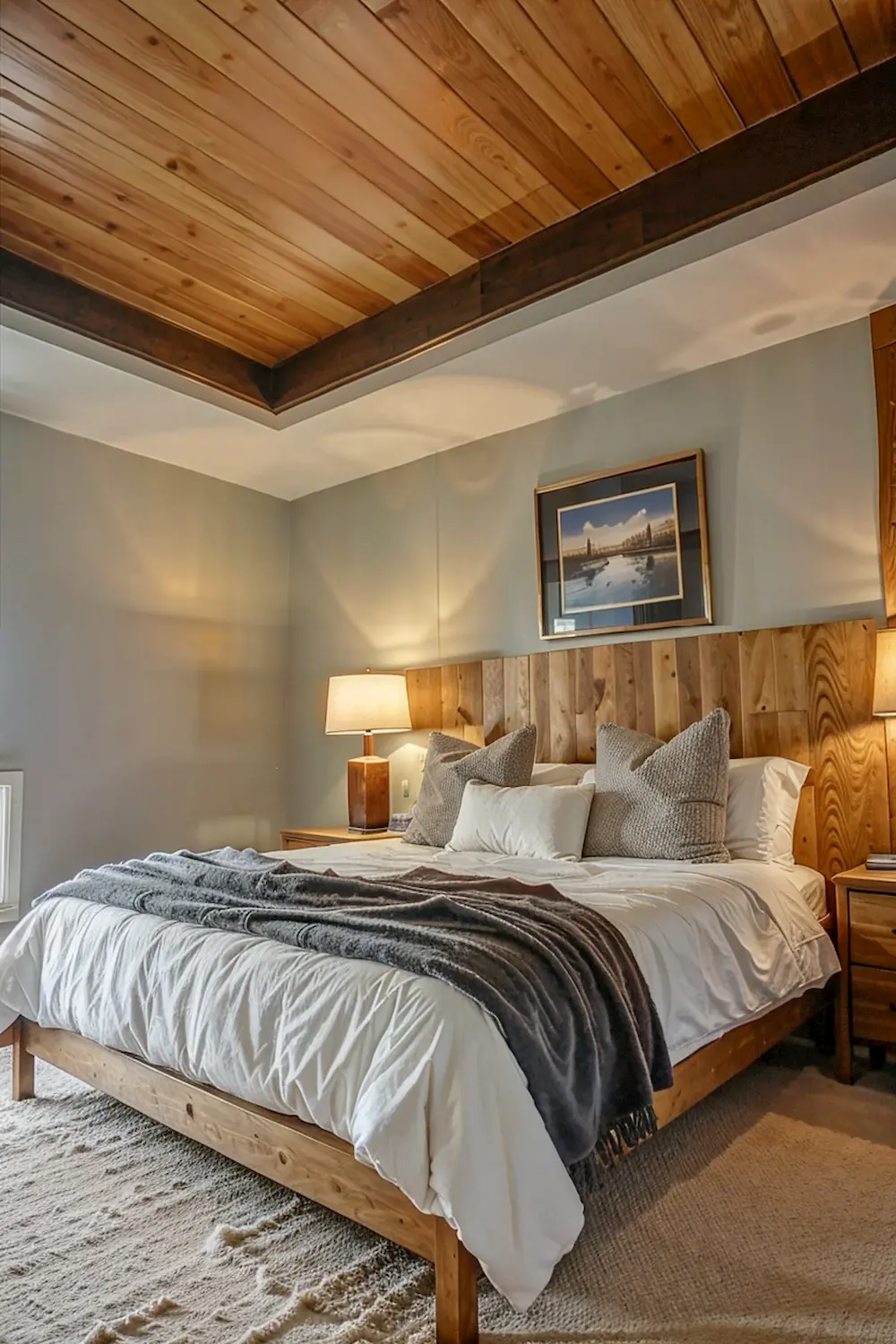 Modern Bedroom with Sleek Wood Ceiling Panels for Cozy Retreat