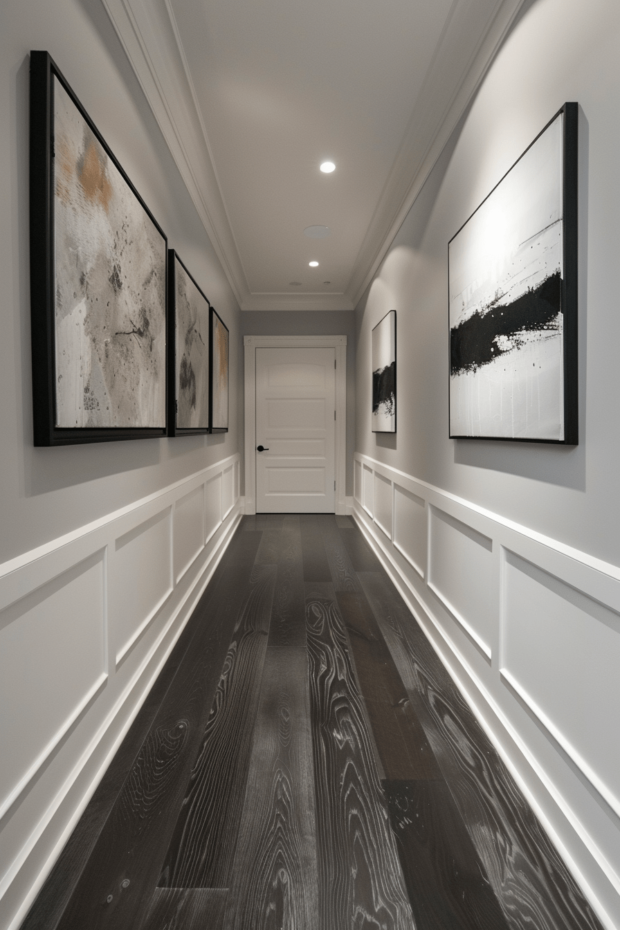 Modern Hallway with White Wainscoting Panels and Modern Art