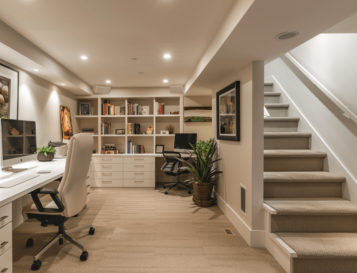 Modern Home Office Basement with Ergonomic Furniture