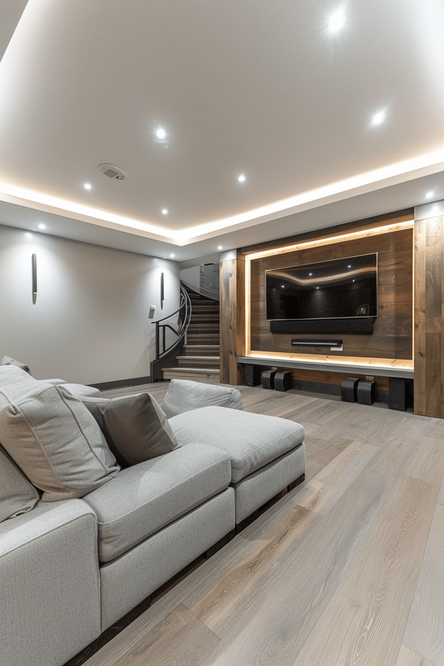 Modern basement entertainment room with overhead LED lights, task lighting, and accent bulbs enhancing the ambiance