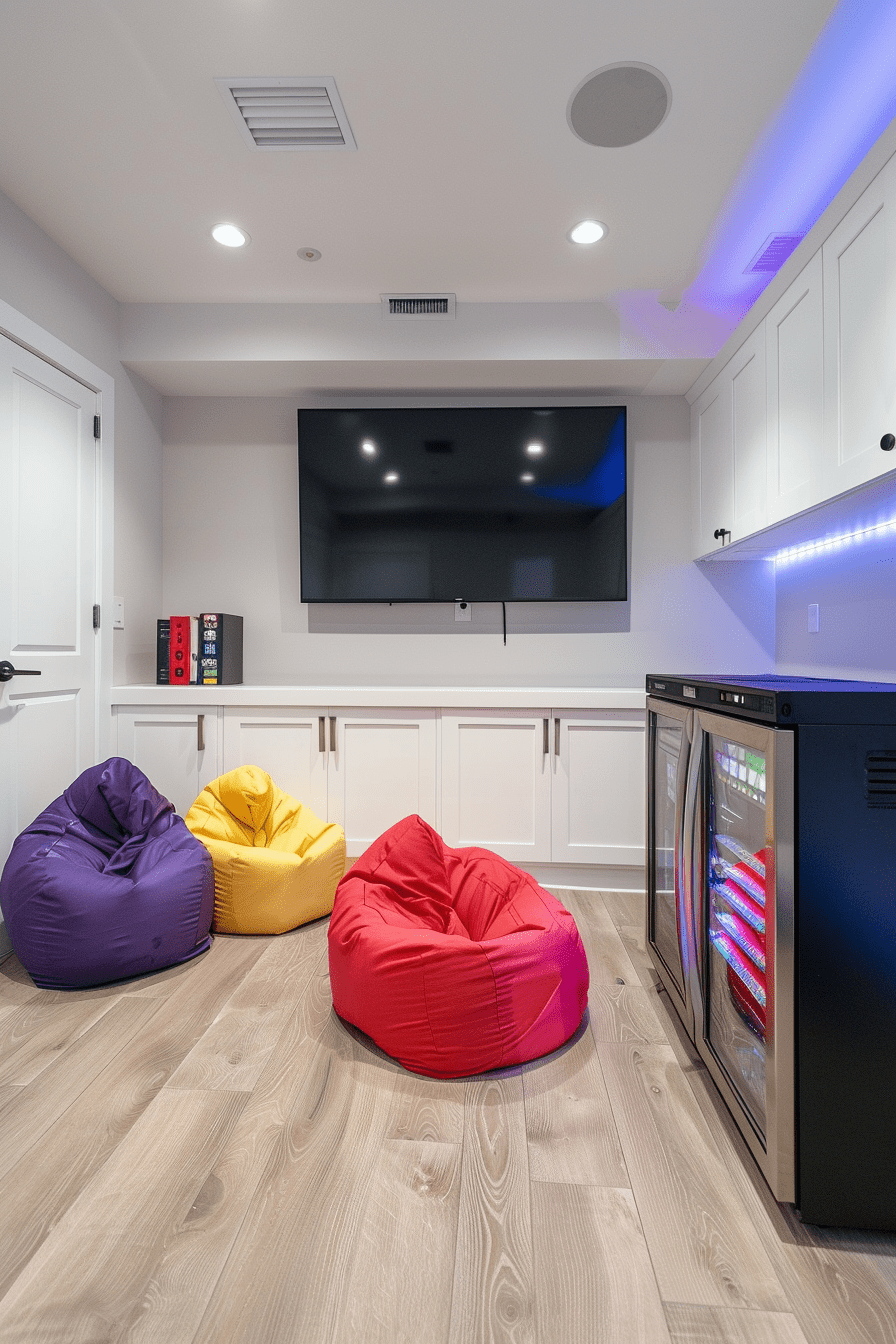 Modern basement home with mini-fridge, console gaming setup, big-screen TV, and colorful bean bags