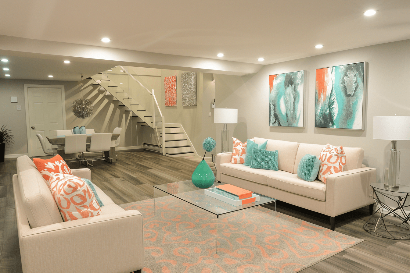 Modern basement with open-concept design, featuring pops of teal and coral, floating glass staircase, and elegant contemporary decor